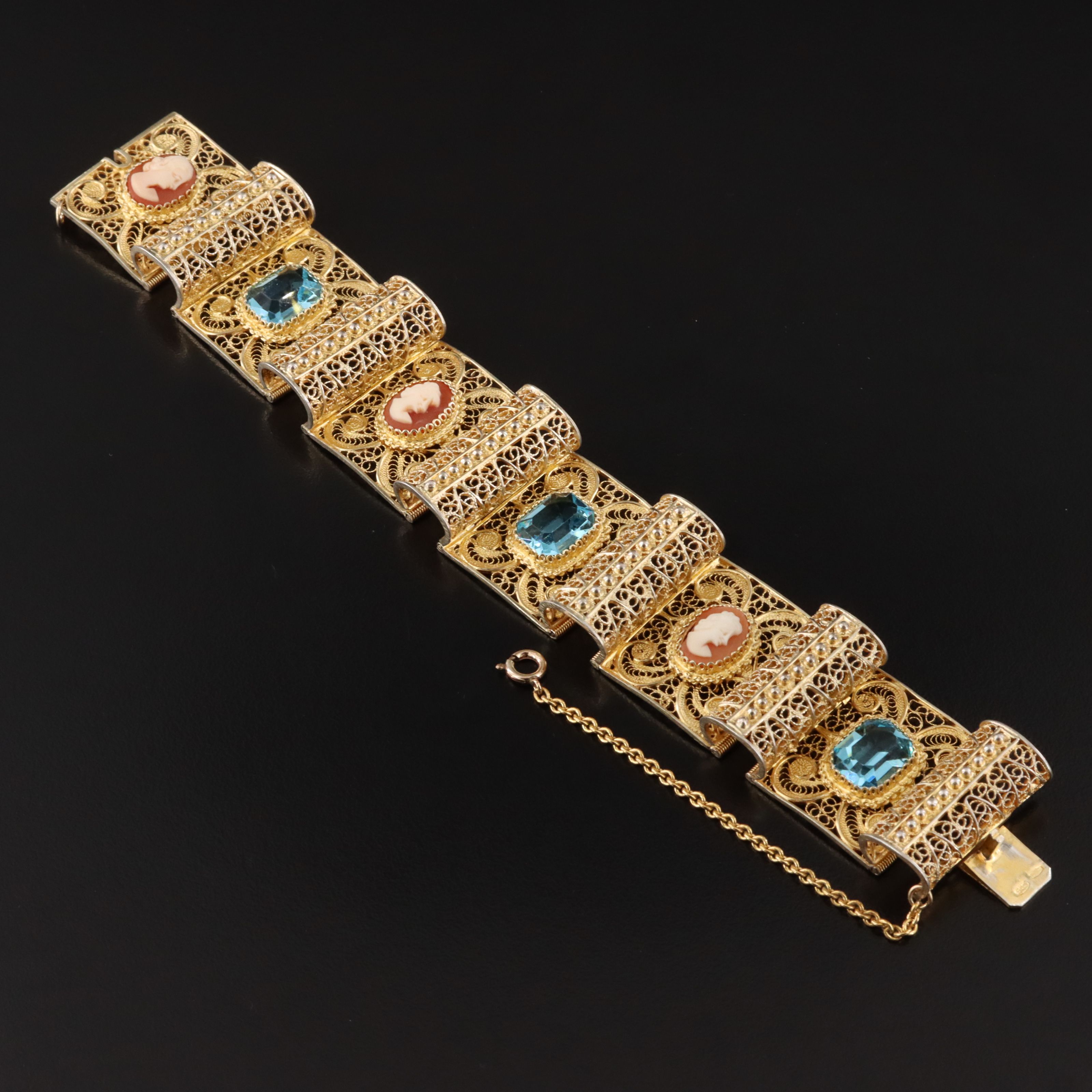 Italian Alioto Adviana Gilt 800 Silver Shell Cameo & Crystal Filigree Bracelet