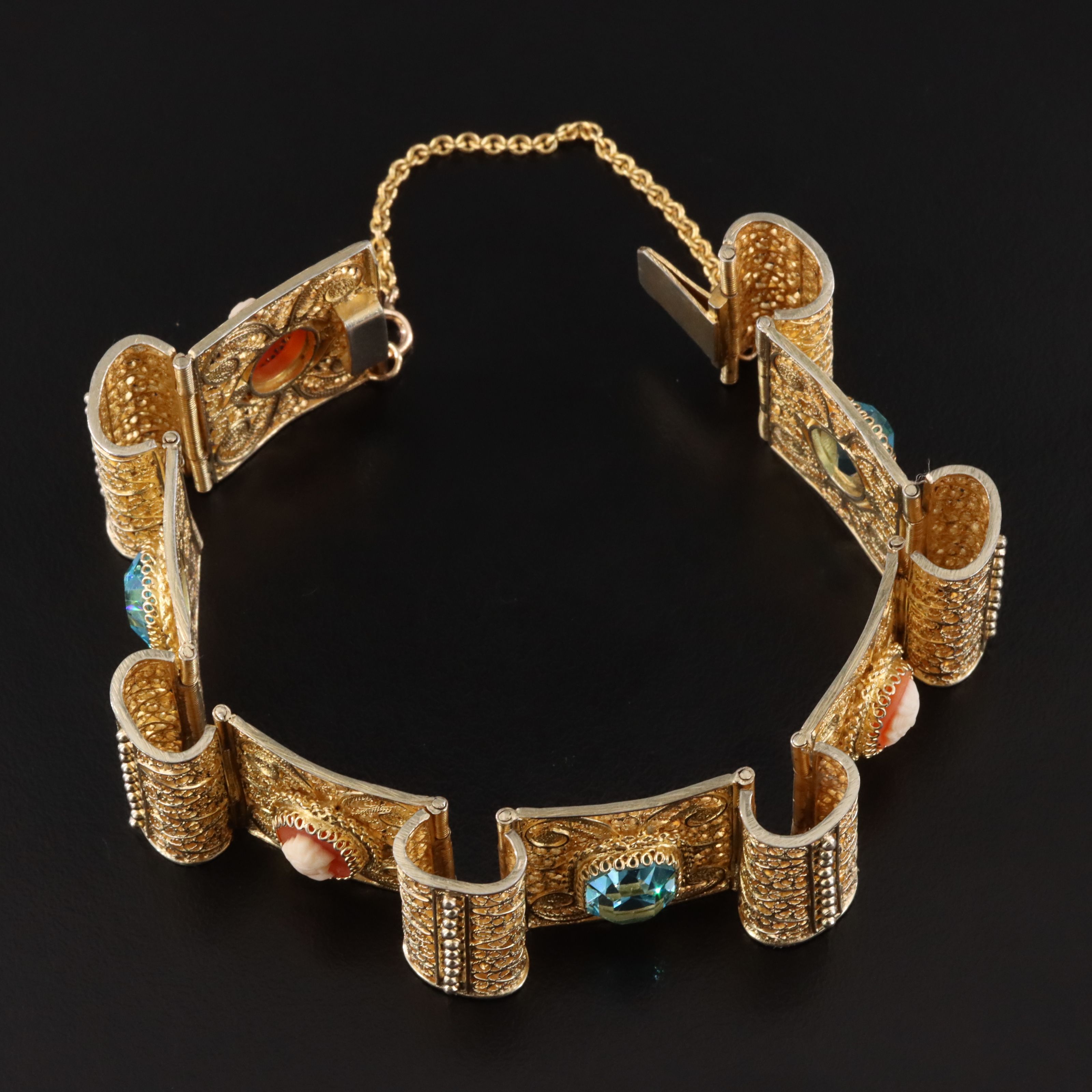 Italian Alioto Adviana Gilt 800 Silver Shell Cameo & Crystal Filigree Bracelet