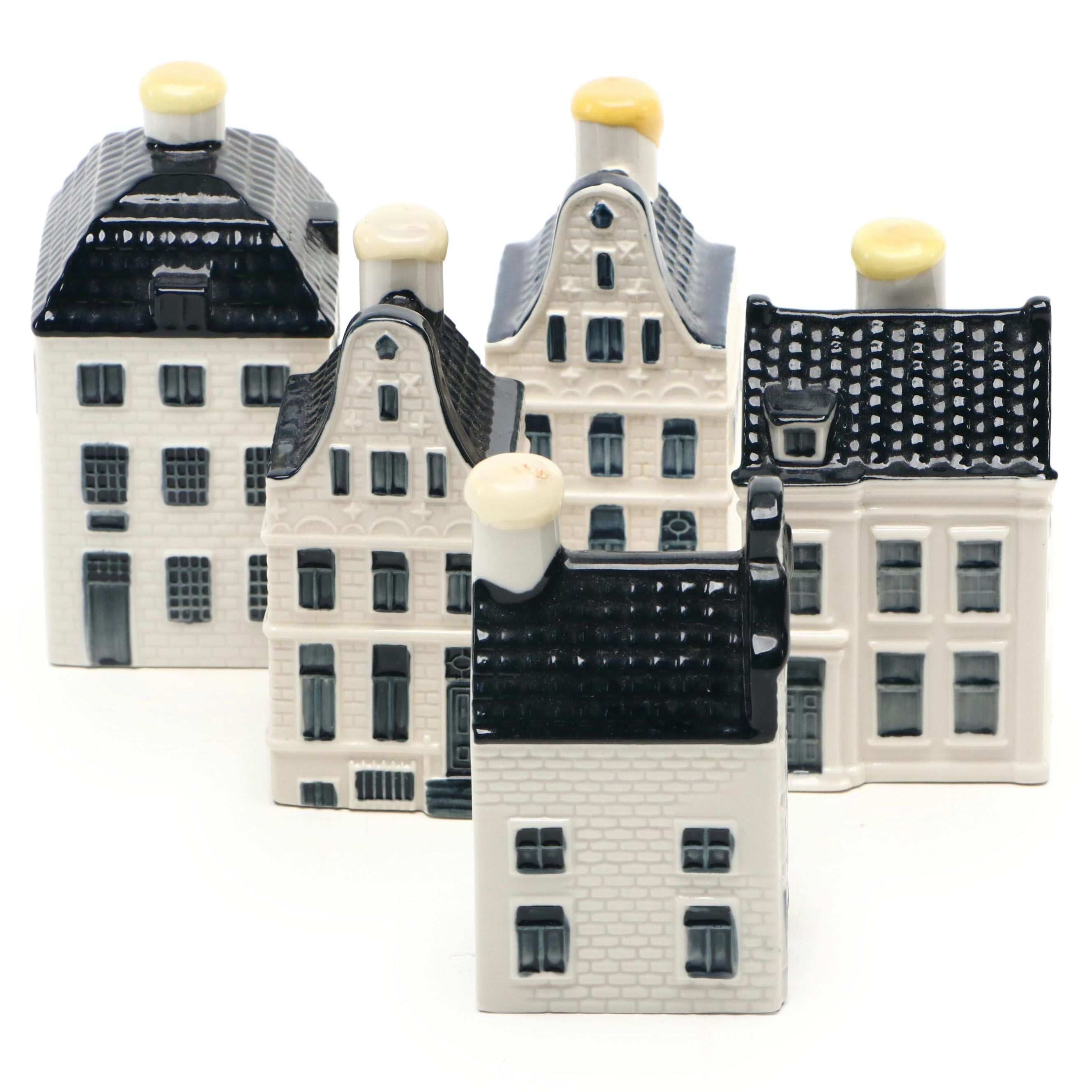 KLM Novelty Blue Delft Miniature House Shaped Genever Bottles