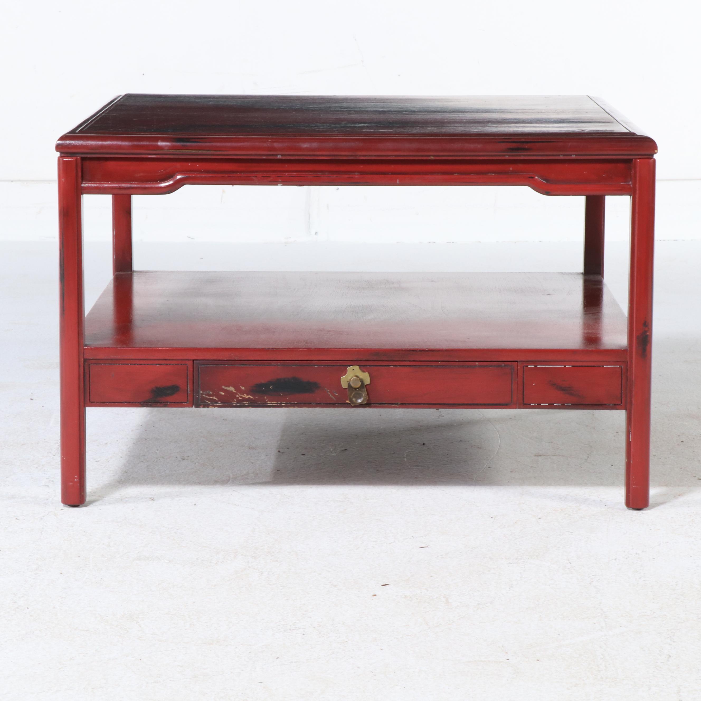 Anglo-Chinese Style Red and Black Lacquered Single Drawer Coffee Table