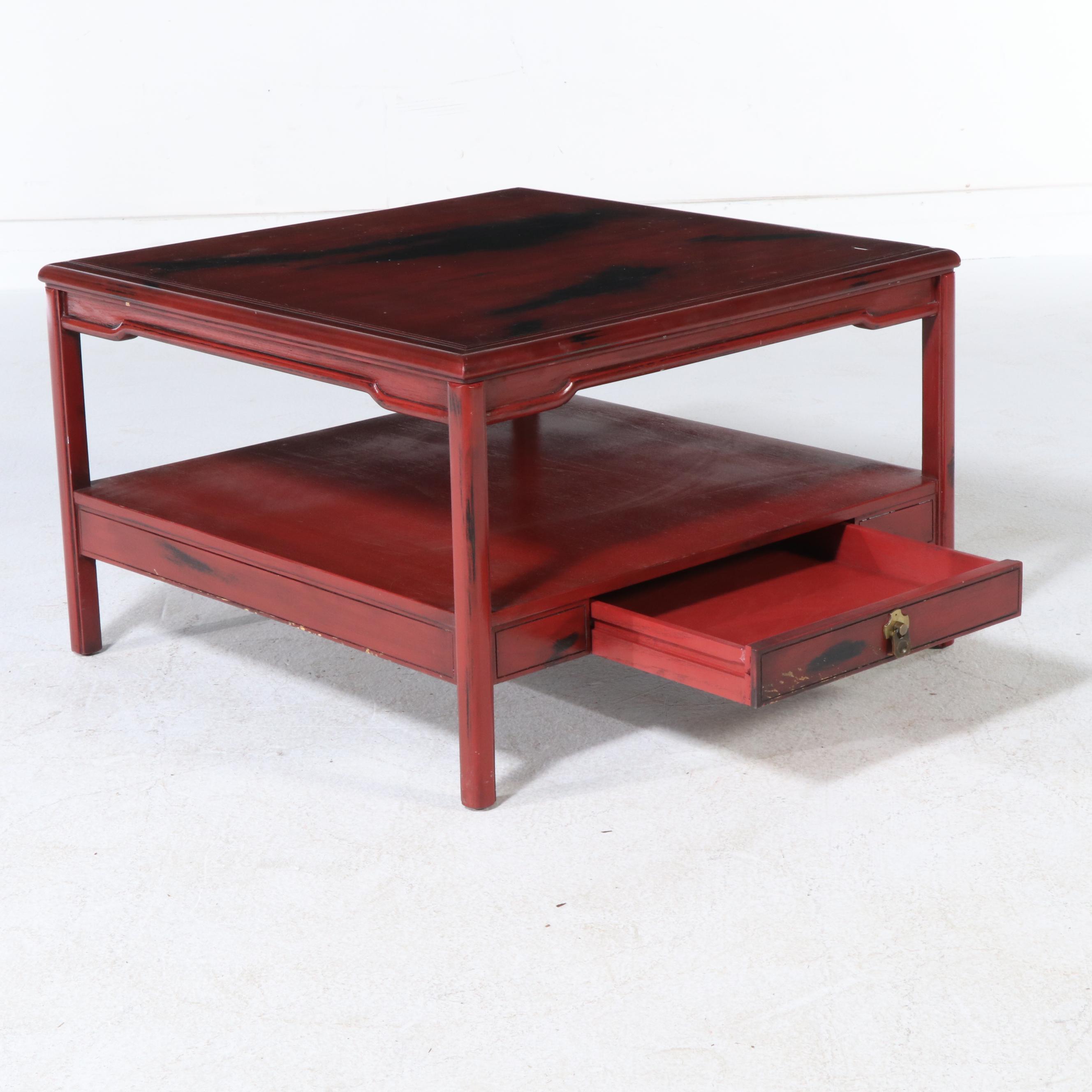 Anglo-Chinese Style Red and Black Lacquered Single Drawer Coffee Table