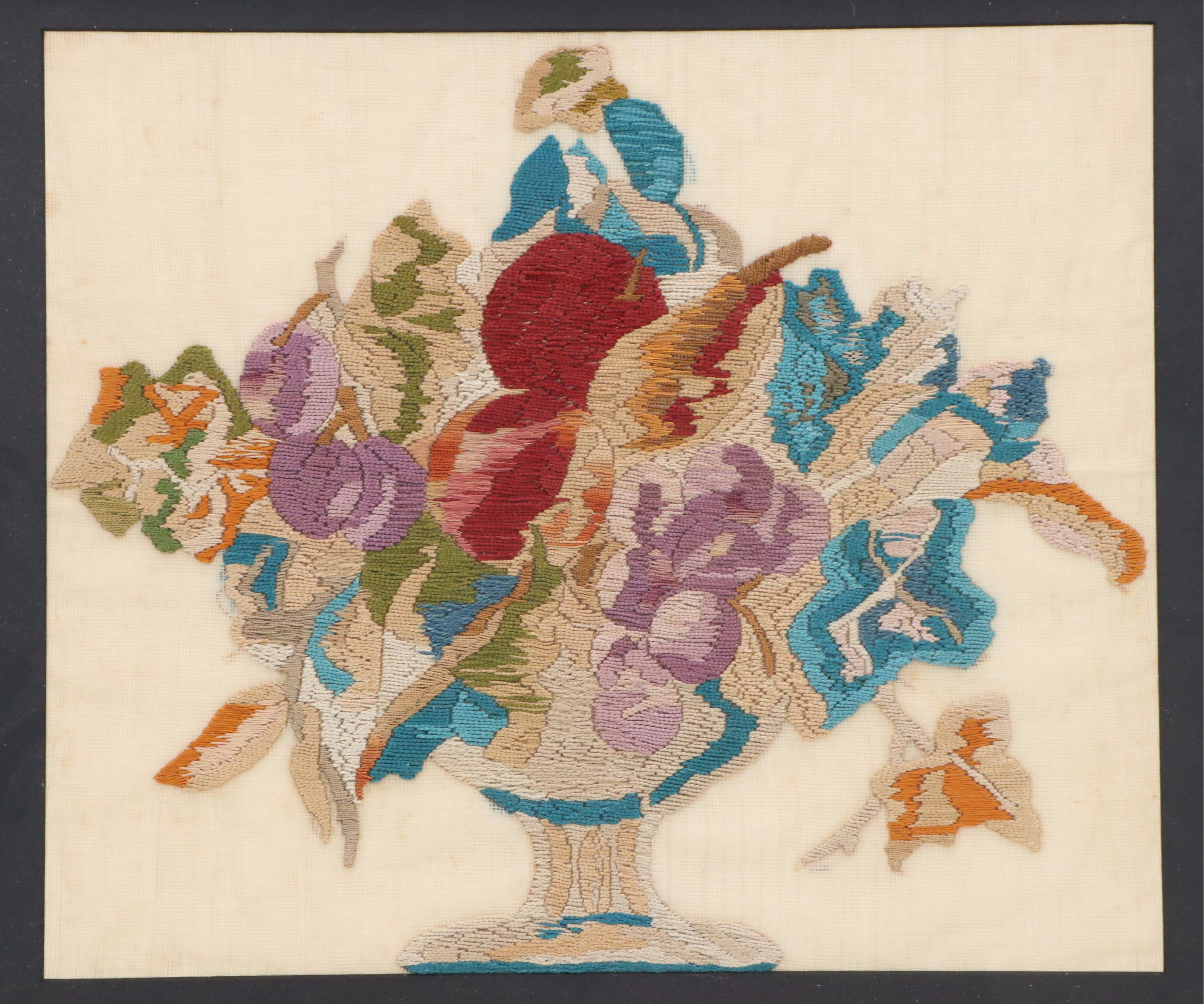 Satin Stitch Embroidered Panel of Floral Arrangement, 20th Century