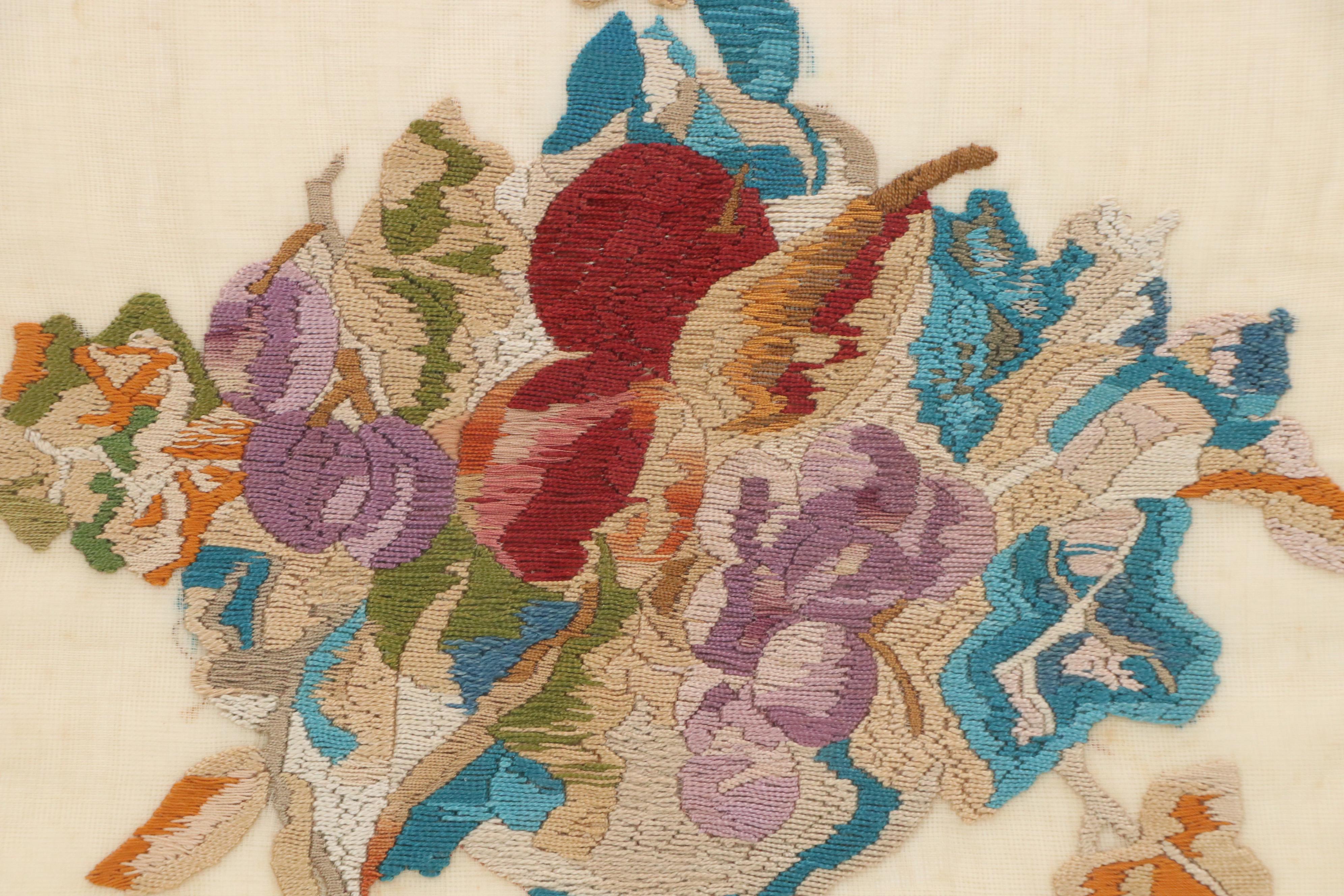 Satin Stitch Embroidered Panel of Floral Arrangement, 20th Century