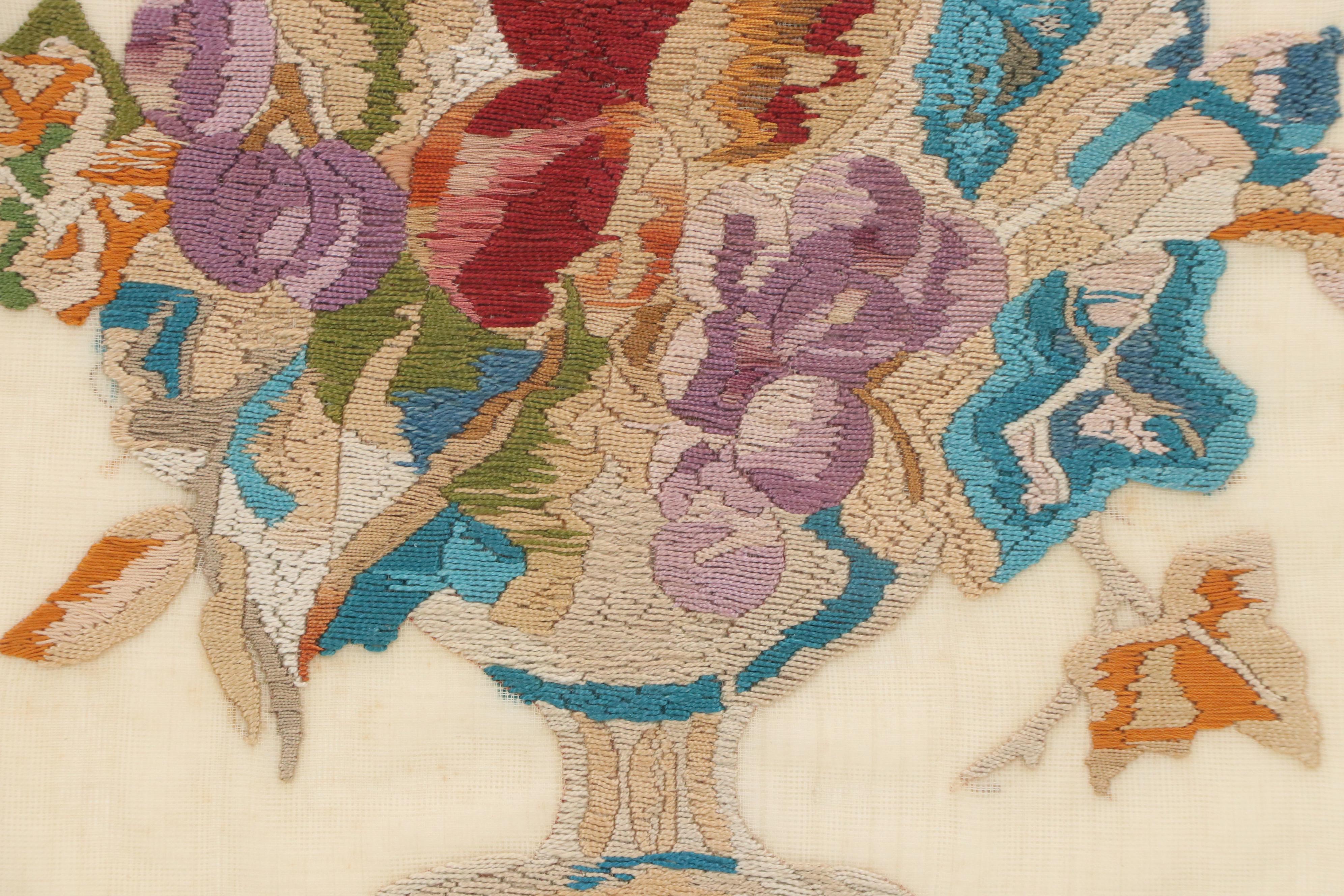 Satin Stitch Embroidered Panel of Floral Arrangement, 20th Century