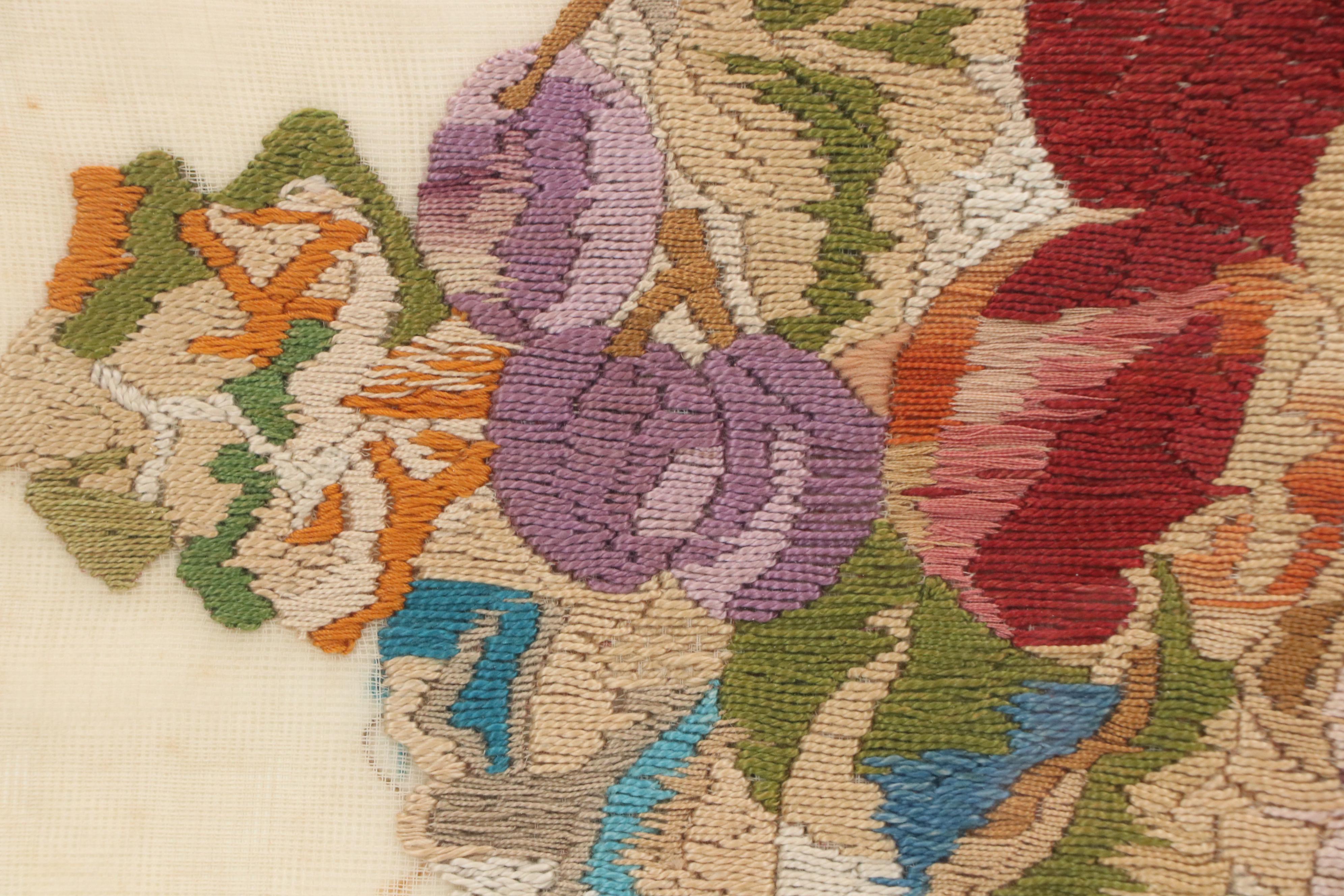 Satin Stitch Embroidered Panel of Floral Arrangement, 20th Century