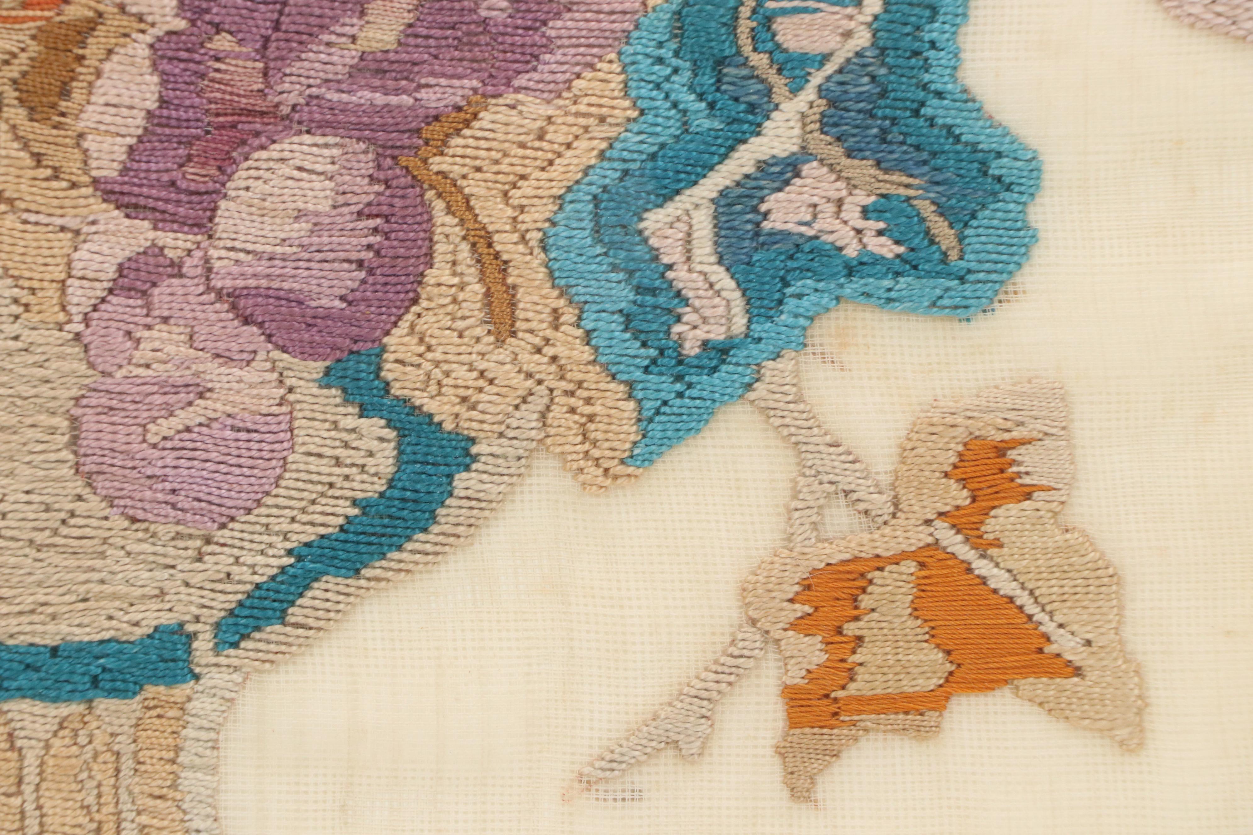 Satin Stitch Embroidered Panel of Floral Arrangement, 20th Century