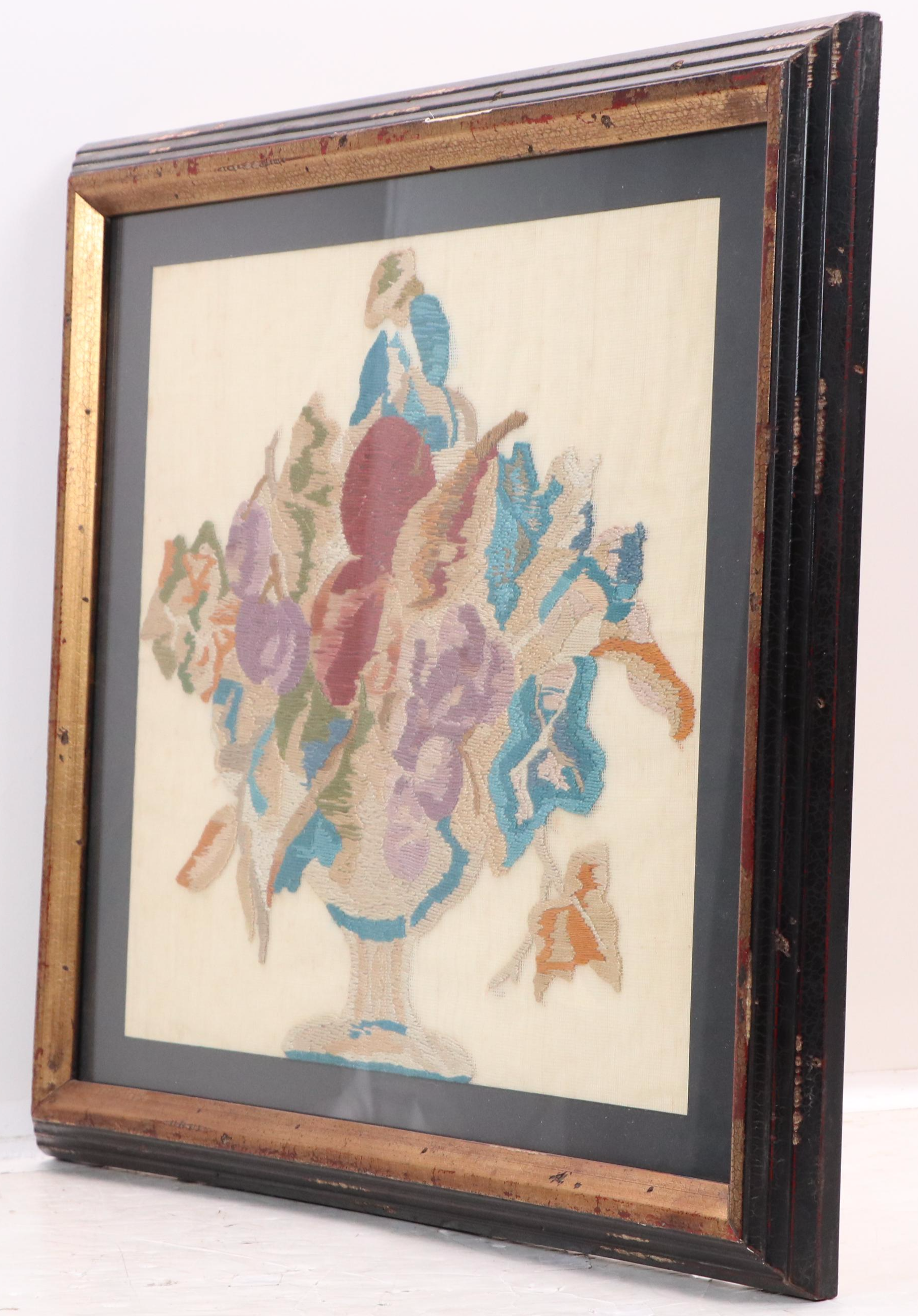 Satin Stitch Embroidered Panel of Floral Arrangement, 20th Century