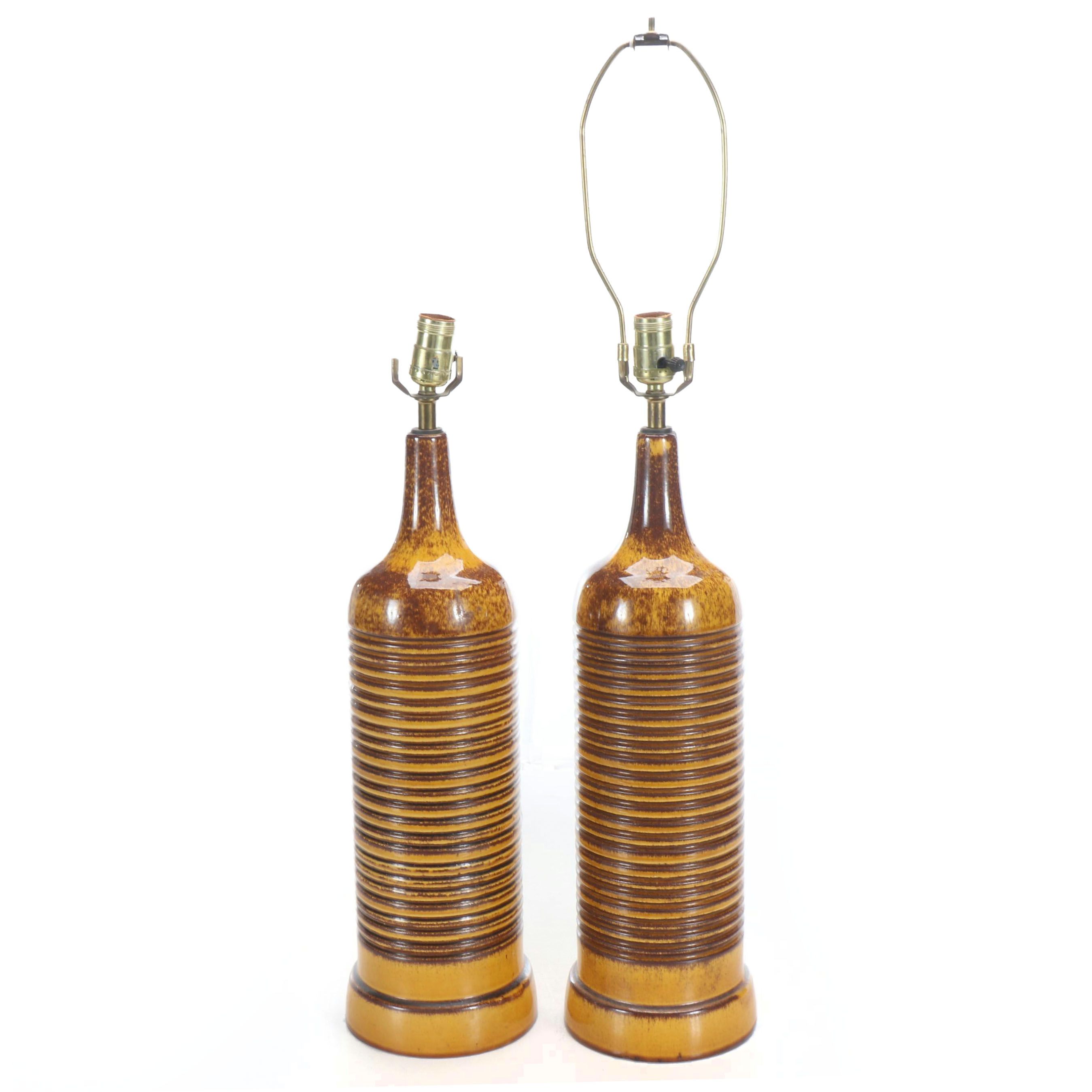 MCM Drip Glaze Ribbed Bottle Lamps, Mid to Late 20th Century