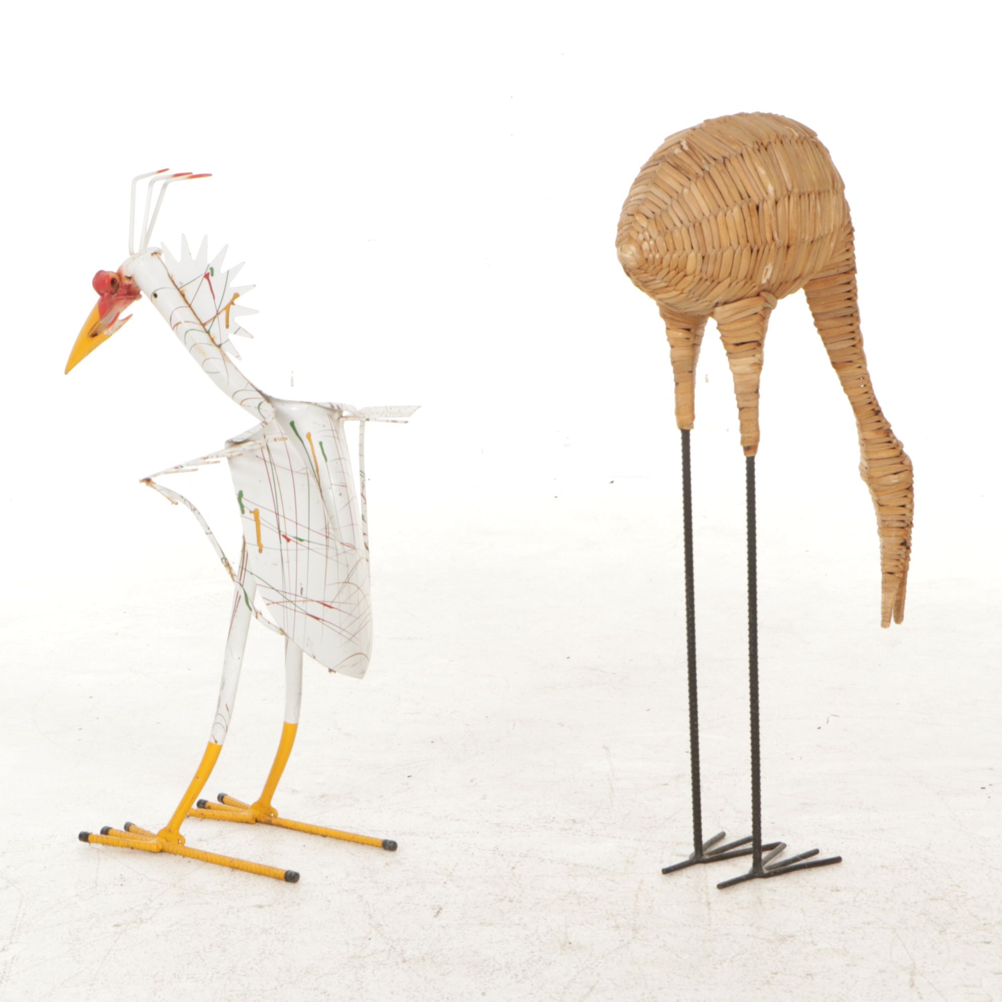 Painted Metal Bird Garden Figure from Recovered Tool Parts with Woven Grass Bird