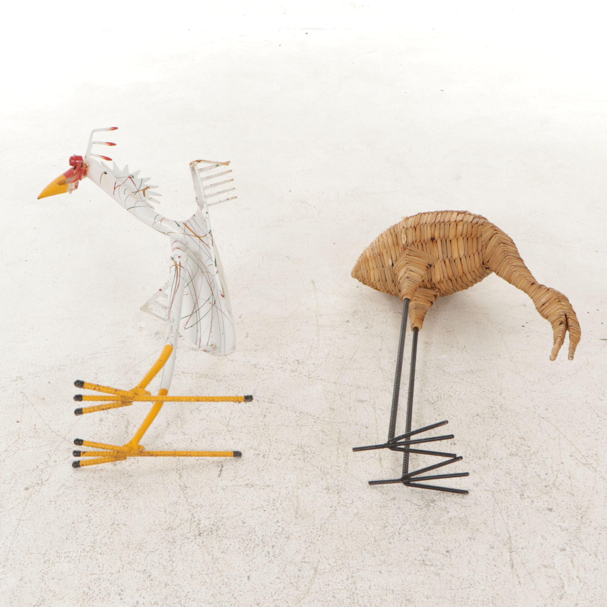 Painted Metal Bird Garden Figure from Recovered Tool Parts with Woven Grass Bird