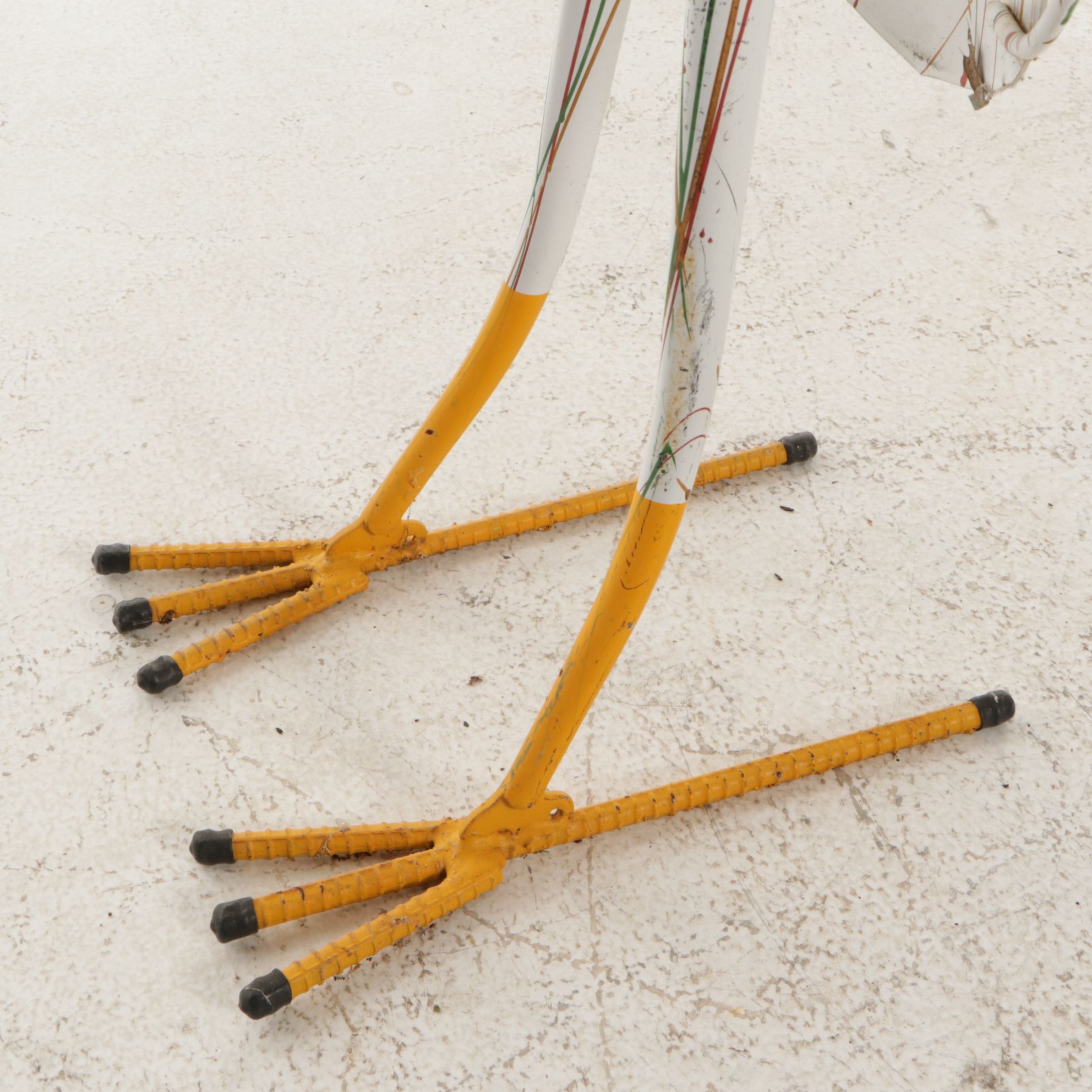 Painted Metal Bird Garden Figure from Recovered Tool Parts with Woven Grass Bird