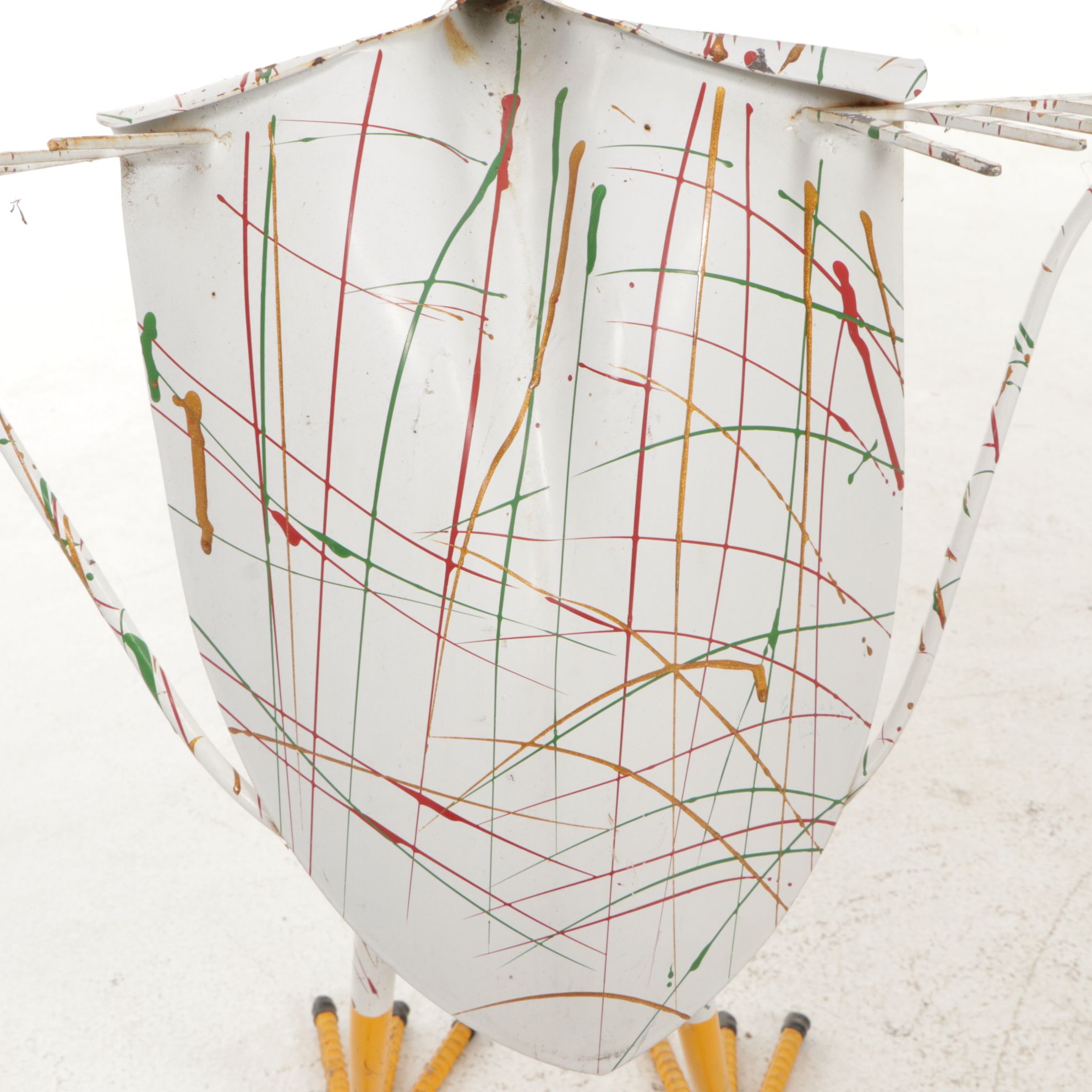 Painted Metal Bird Garden Figure from Recovered Tool Parts with Woven Grass Bird