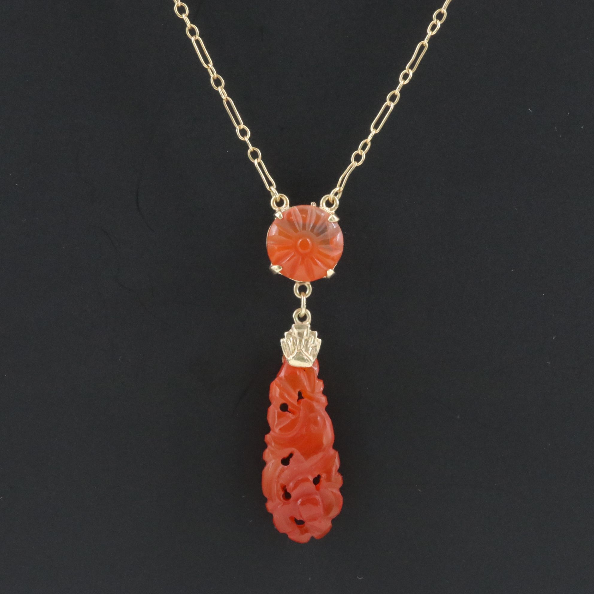 Chinese 1930s 14K Green Gold Carved Jadeite and Carnelian Necklace