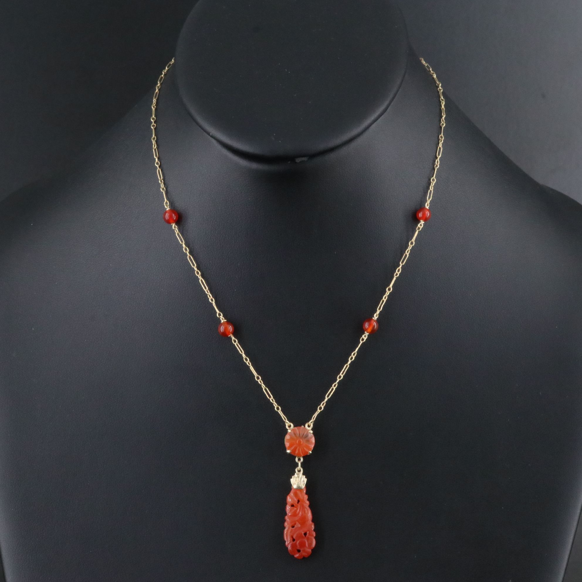Chinese 1930s 14K Green Gold Carved Jadeite and Carnelian Necklace