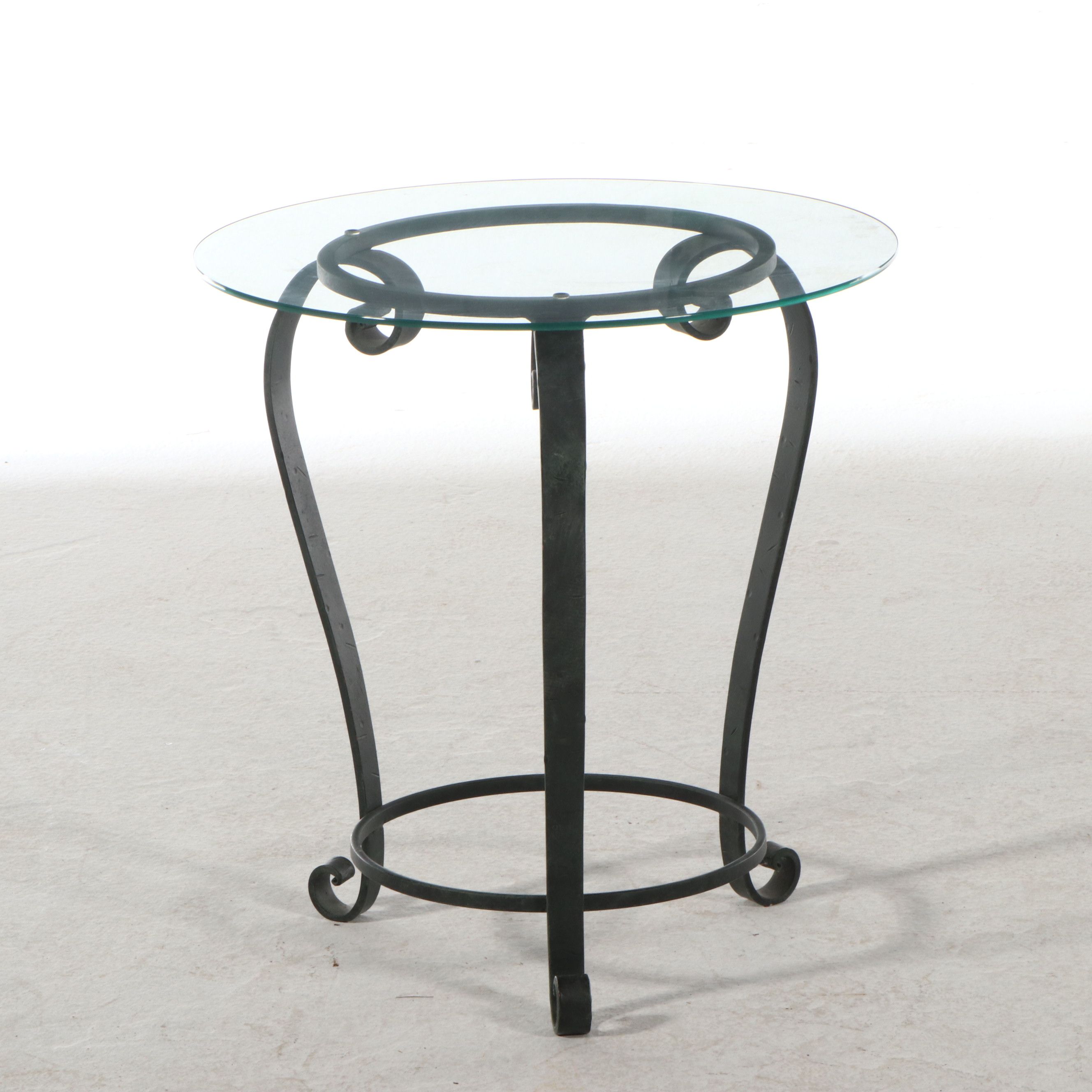 Glass Top Side Table with Scrolled Metal Base