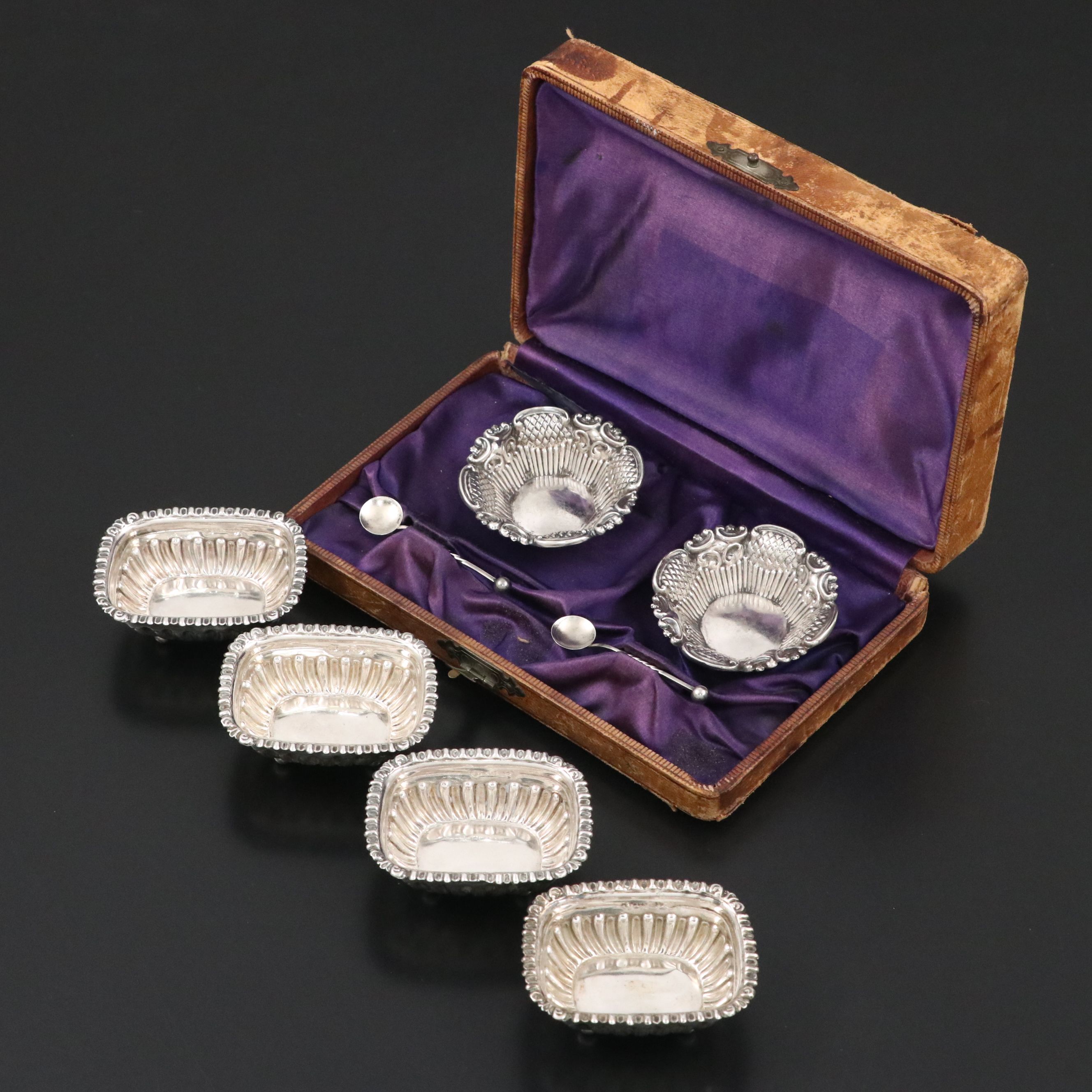 James Deakin & Sons Sterling Footed Salt Cellars with Other Antique Cellar Set