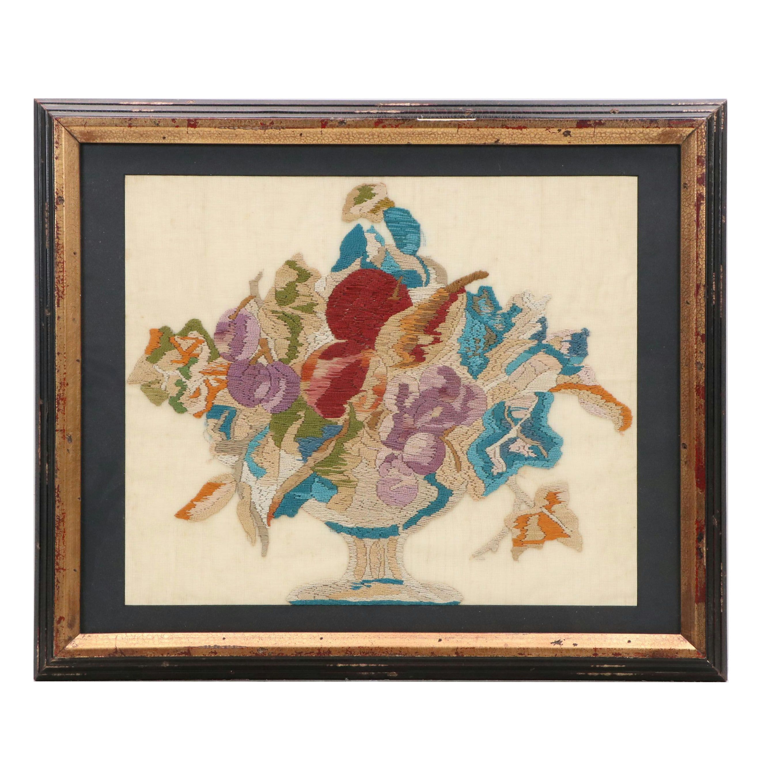 Satin Stitch Embroidered Panel of Floral Arrangement, 20th Century