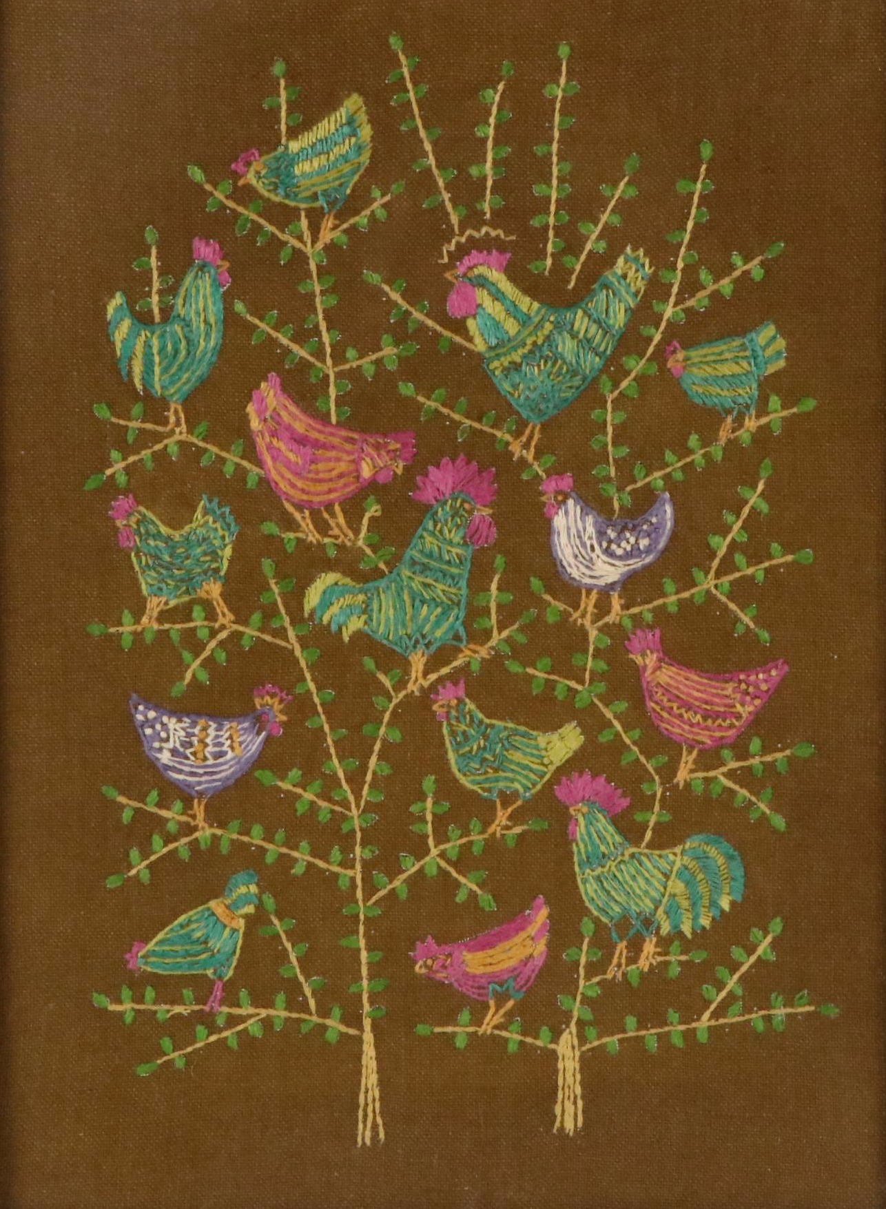Folk Art "Chicken Tree" Crewel Embroidery