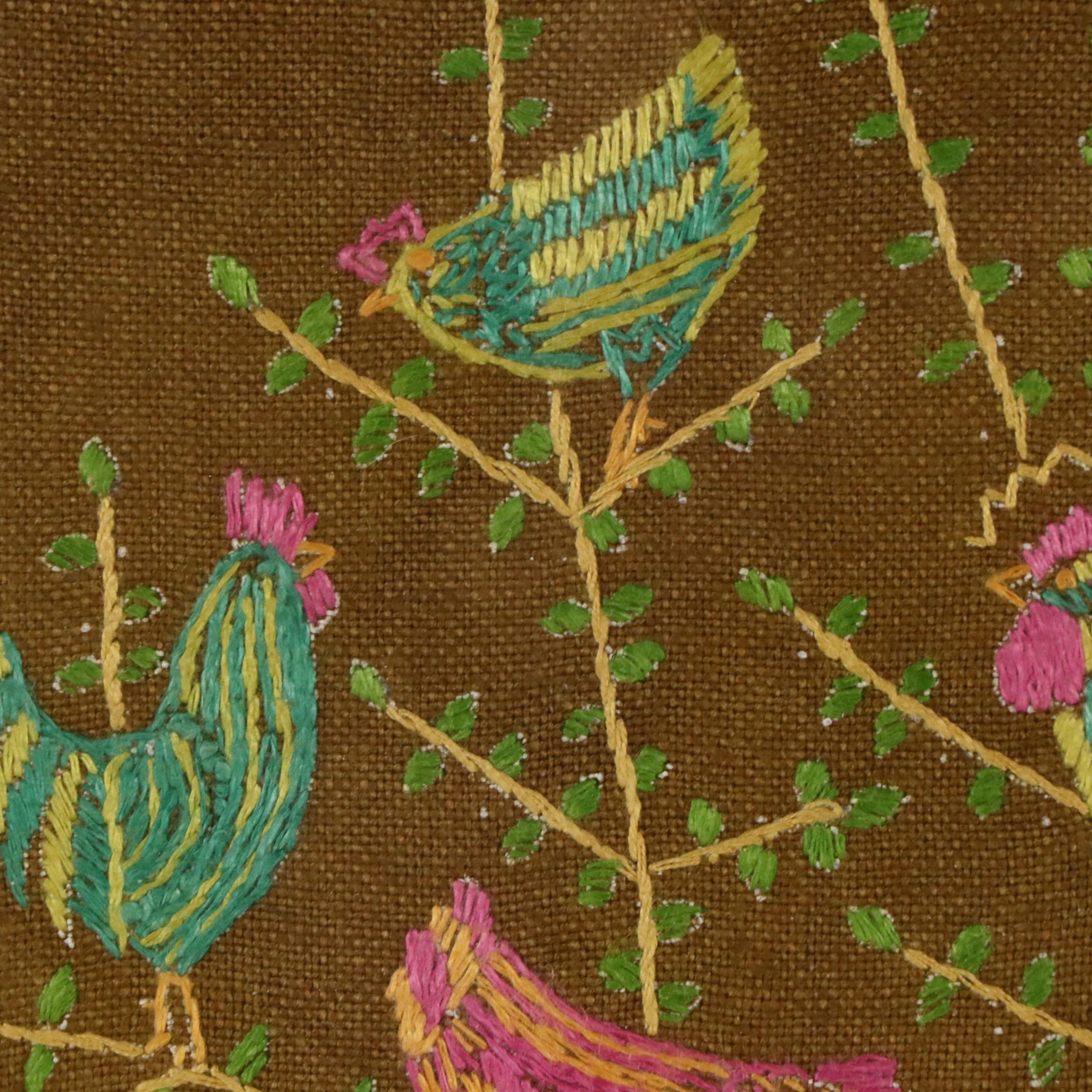 Folk Art "Chicken Tree" Crewel Embroidery