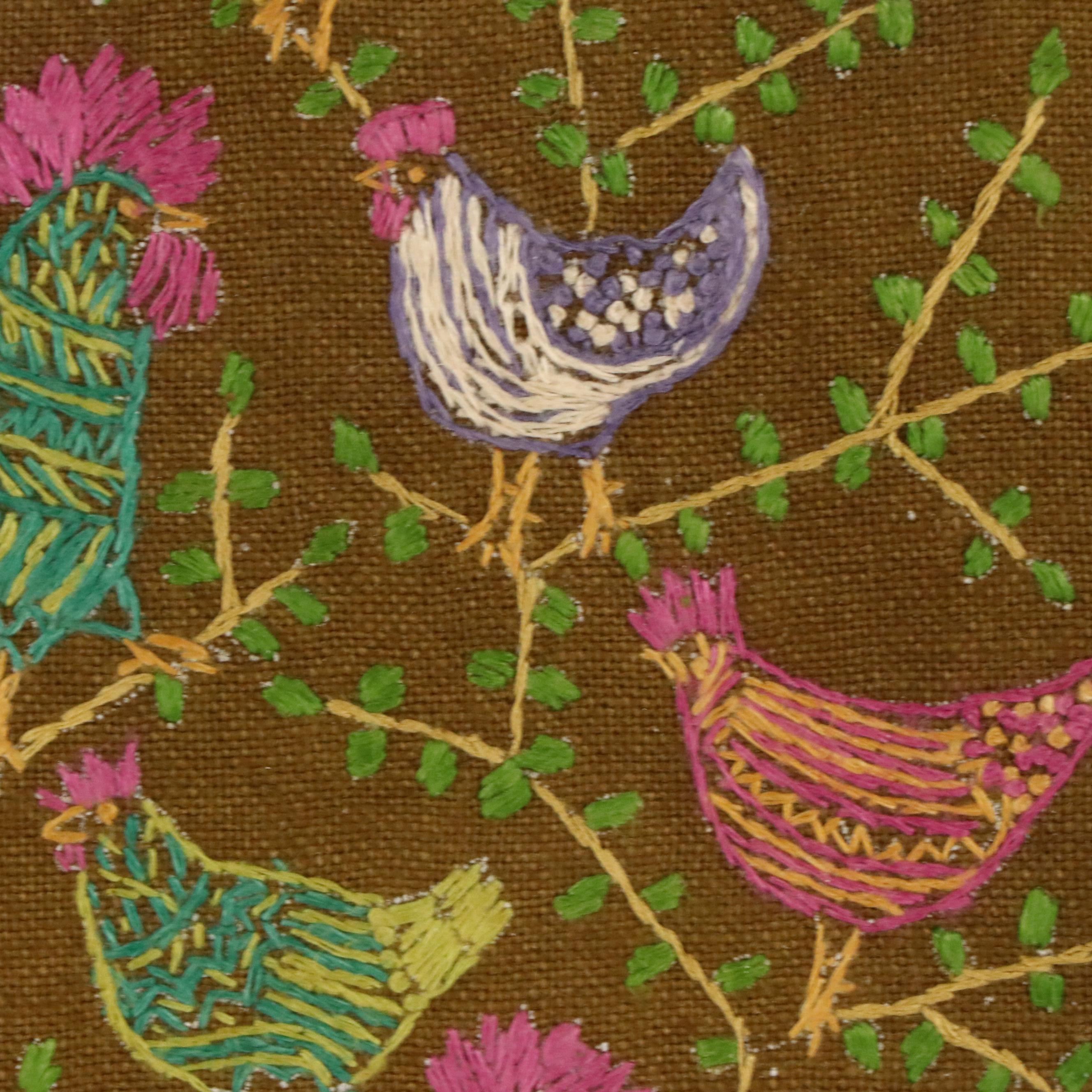 Folk Art "Chicken Tree" Crewel Embroidery