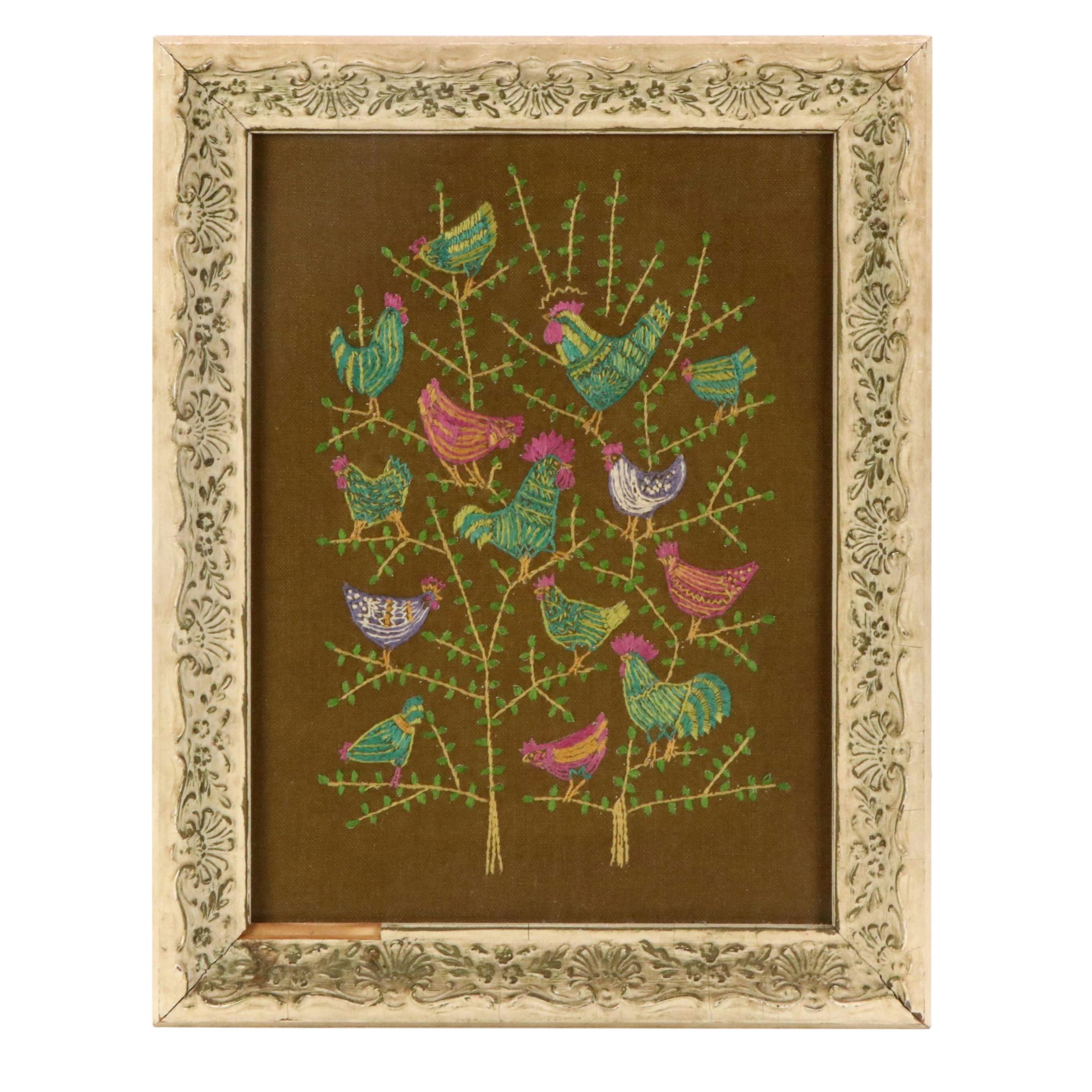 Folk Art "Chicken Tree" Crewel Embroidery