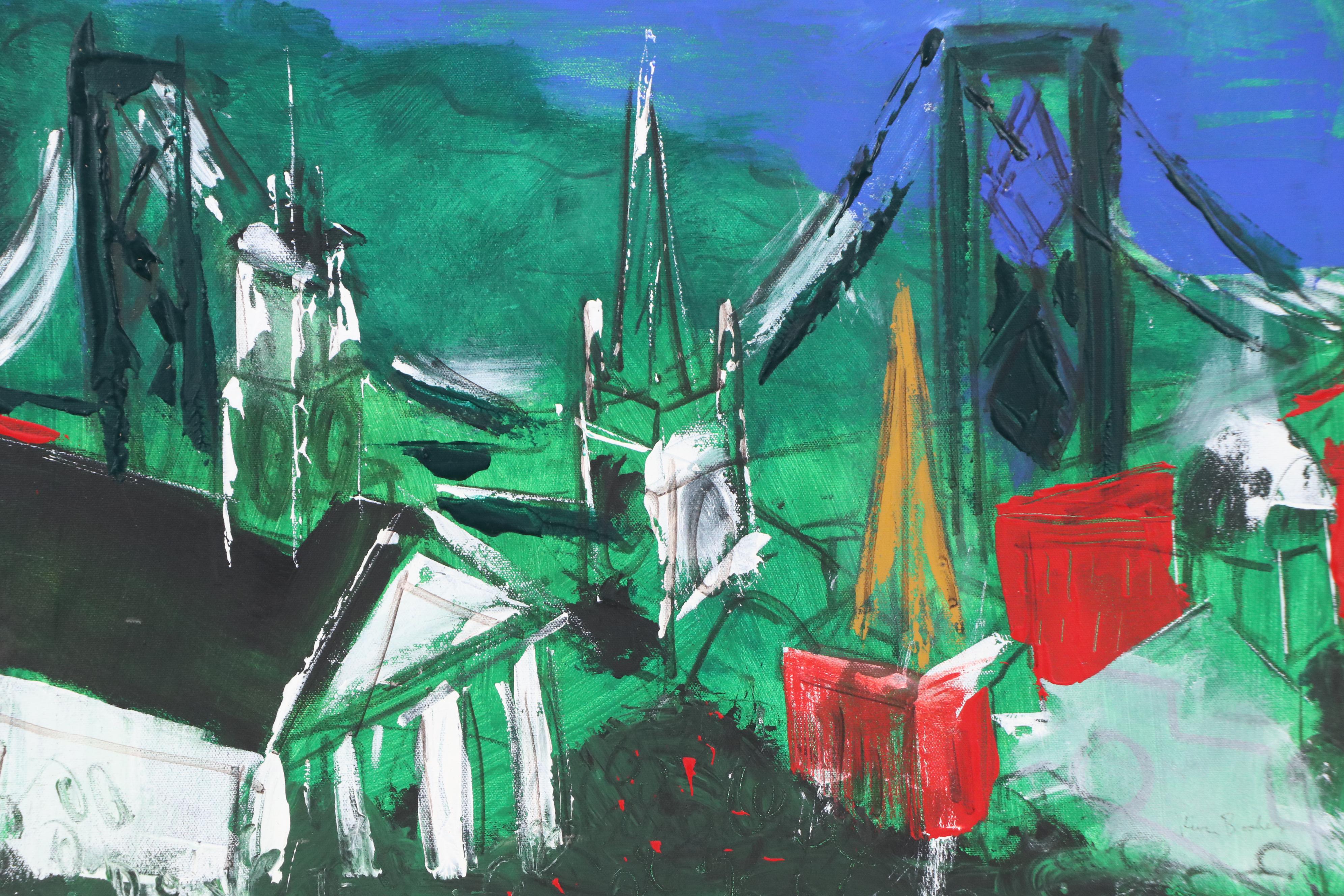 Kevin Booher Abstract Cityscape Acrylic Painting, Late 20th to Early 21st C.