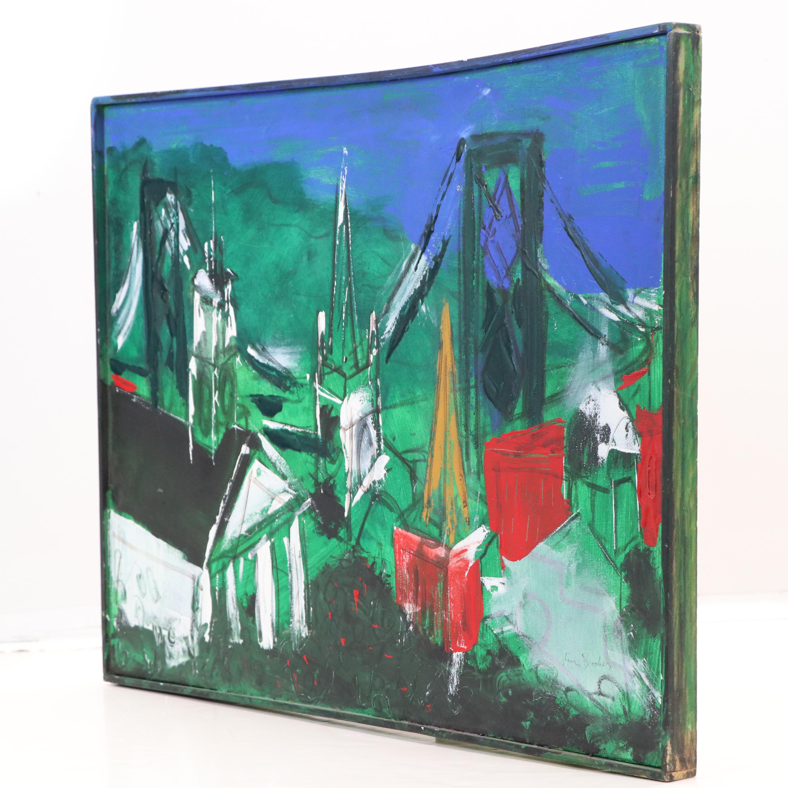 Kevin Booher Abstract Cityscape Acrylic Painting, Late 20th to Early 21st C.