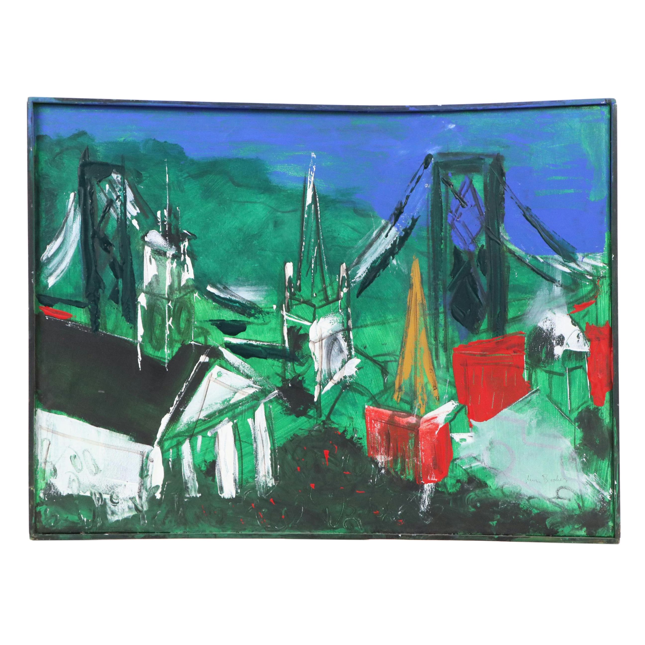 Kevin Booher Abstract Cityscape Acrylic Painting, Late 20th to Early 21st C.