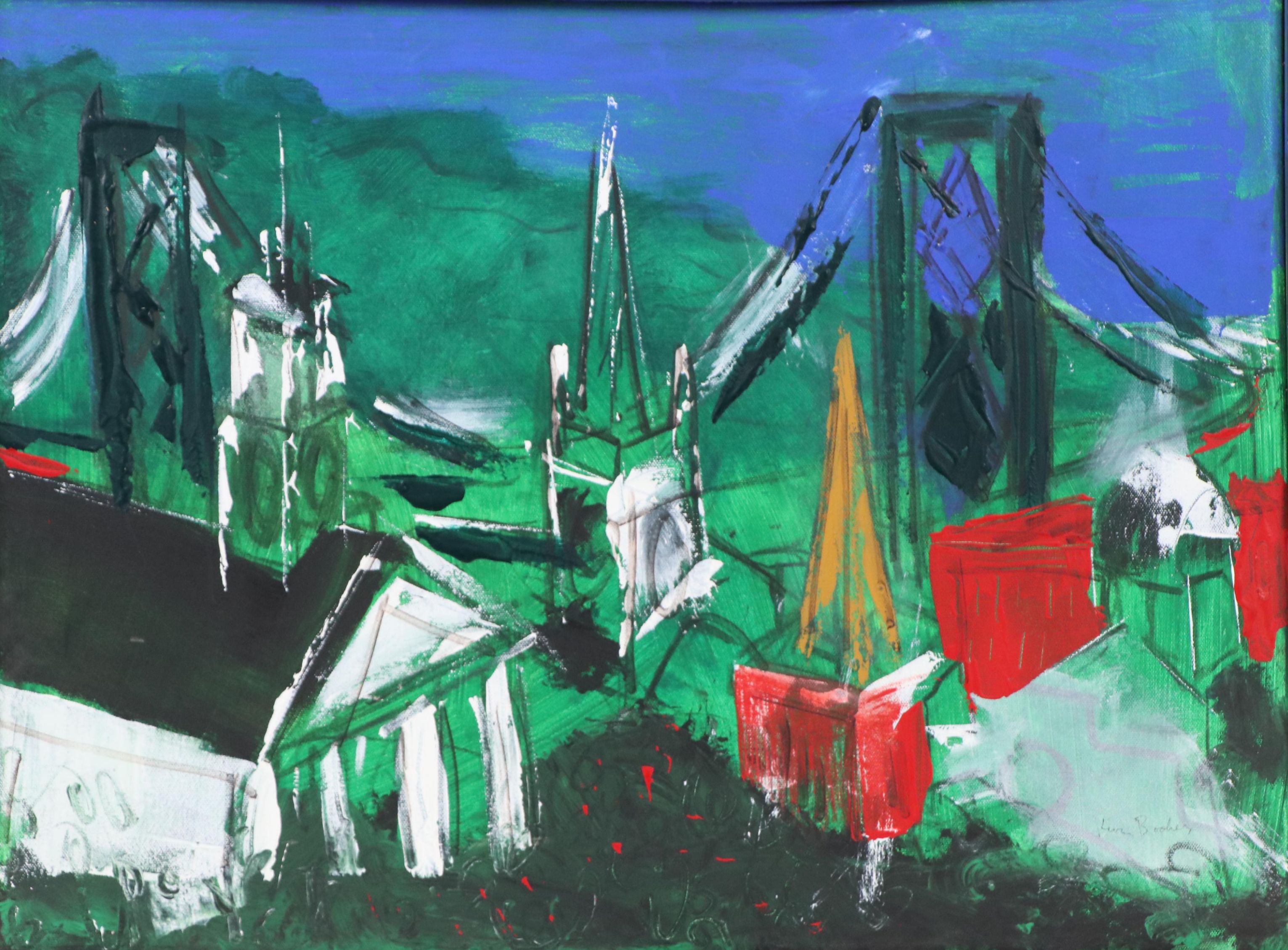 Kevin Booher Abstract Cityscape Acrylic Painting, Late 20th to Early 21st C.
