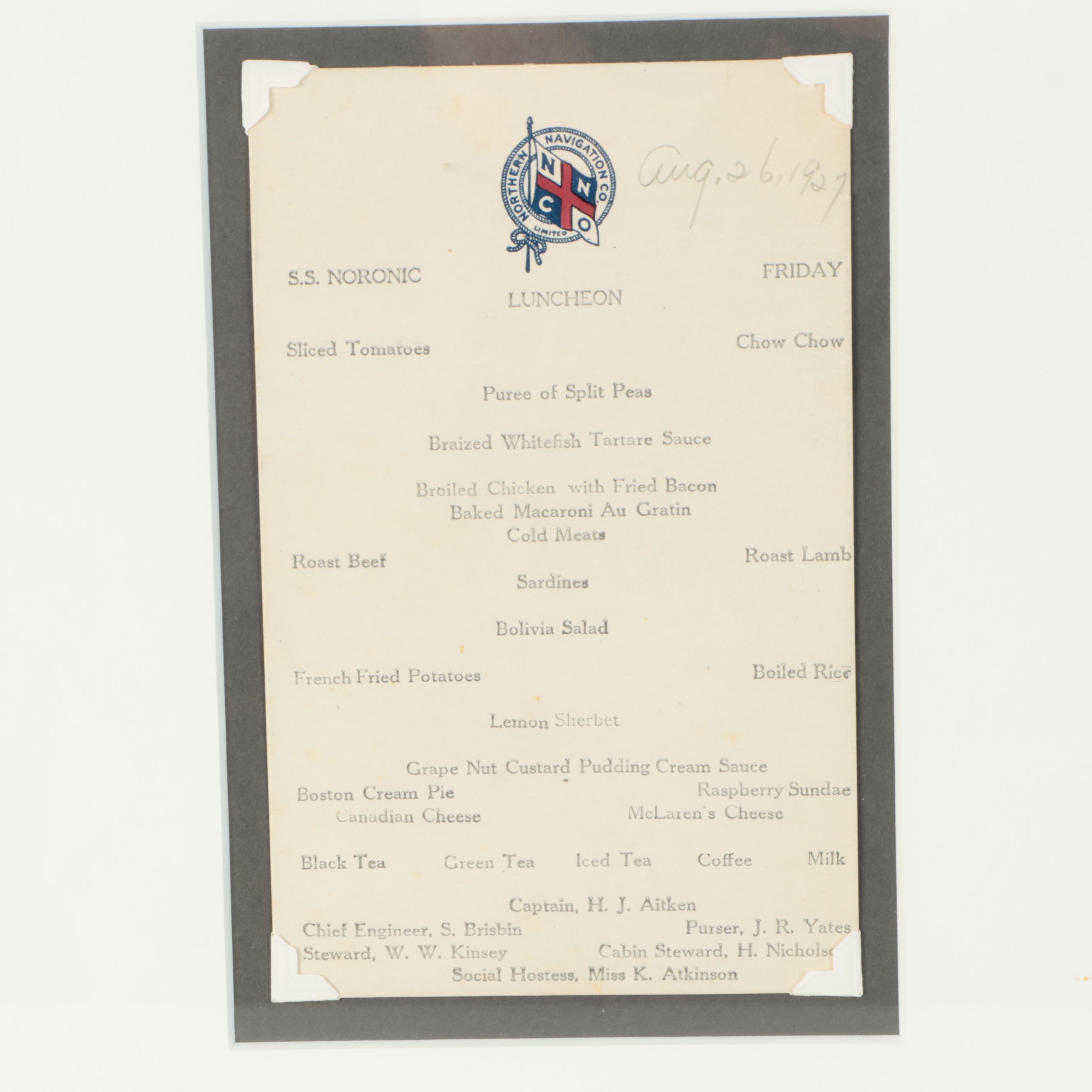 Canada Steamship Lines SS Noronic Advertisement, Postcard and Menu