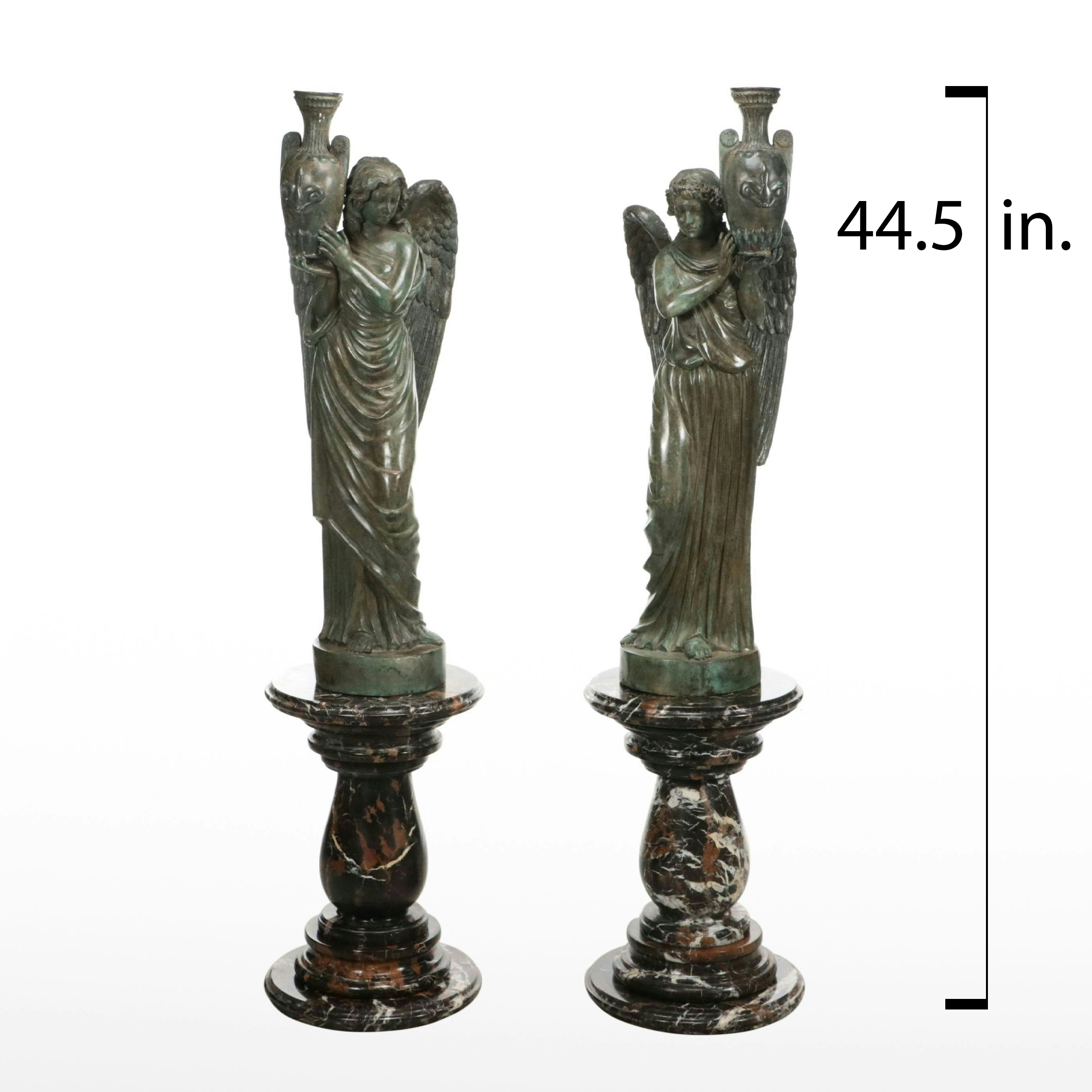 Pair of Neoclassical Style Patinated Finish Cast Metal Angels on Marble Plinths