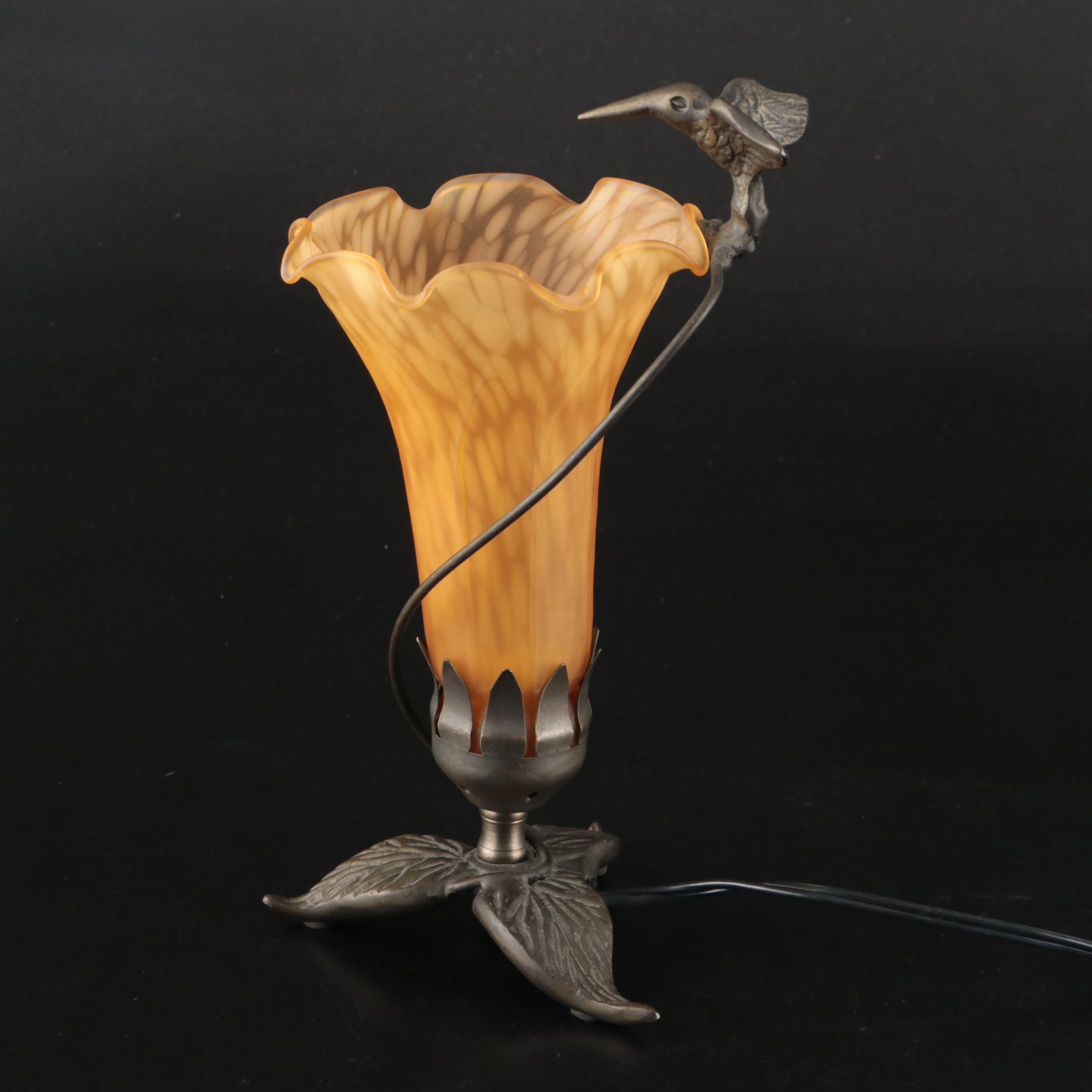 Art Nouveau Style Lily and Hummingbird Glass and Metal Accent Lamp