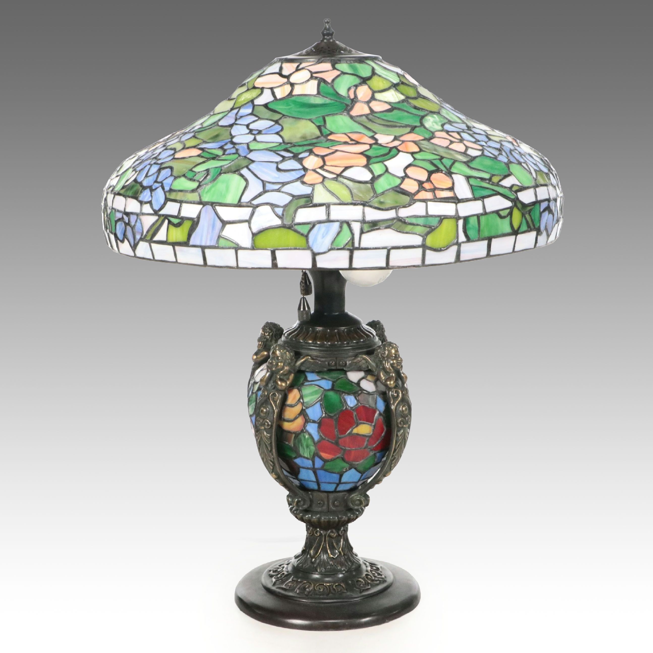 Art Nouveau Style Metal Table Lamp with Floral Slag Glass Shade