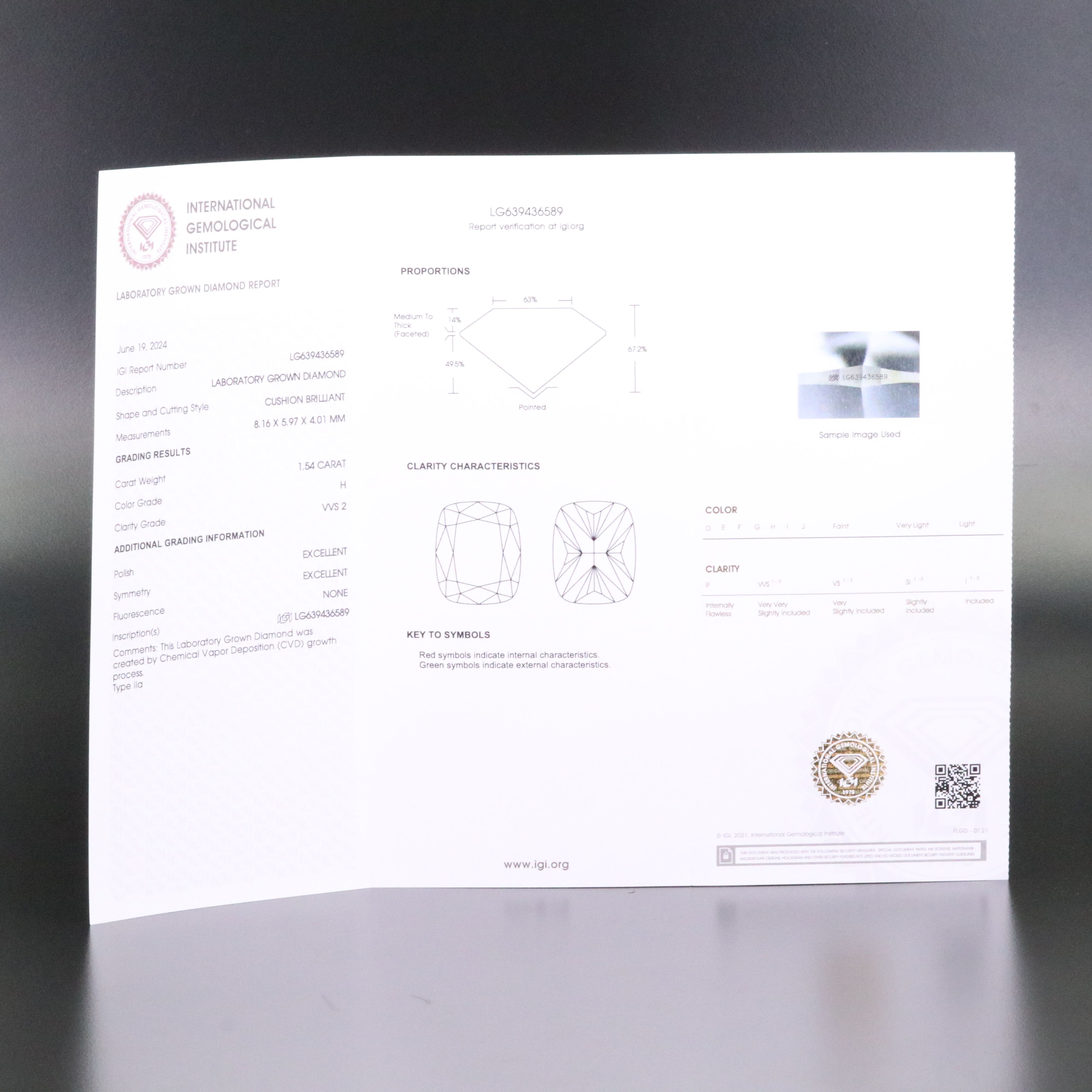 Loose 1.54 CT Lab Grown Diamond with IGI Report