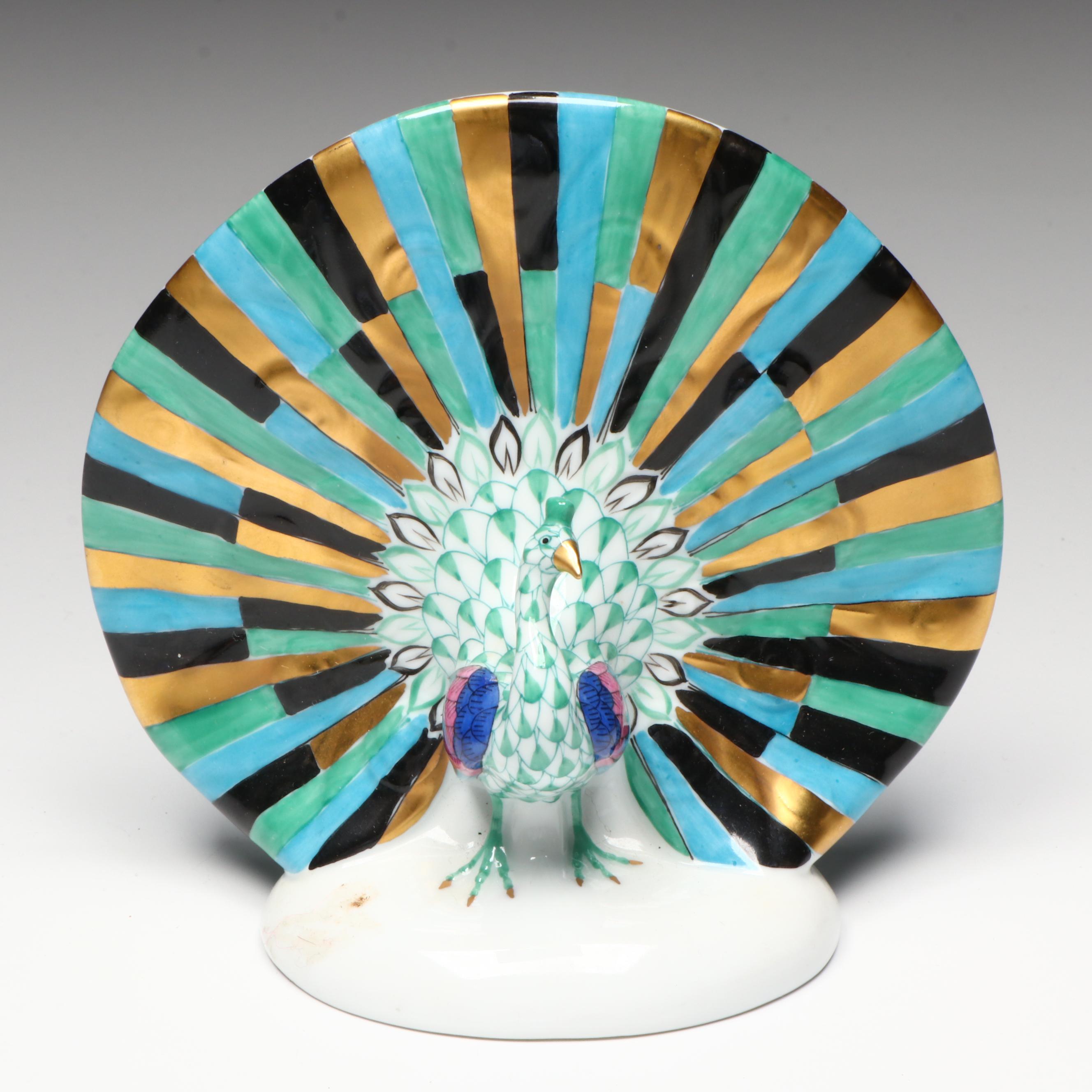Herend Green Fishnet with Gold "Peacock" Porcelain Figurine
