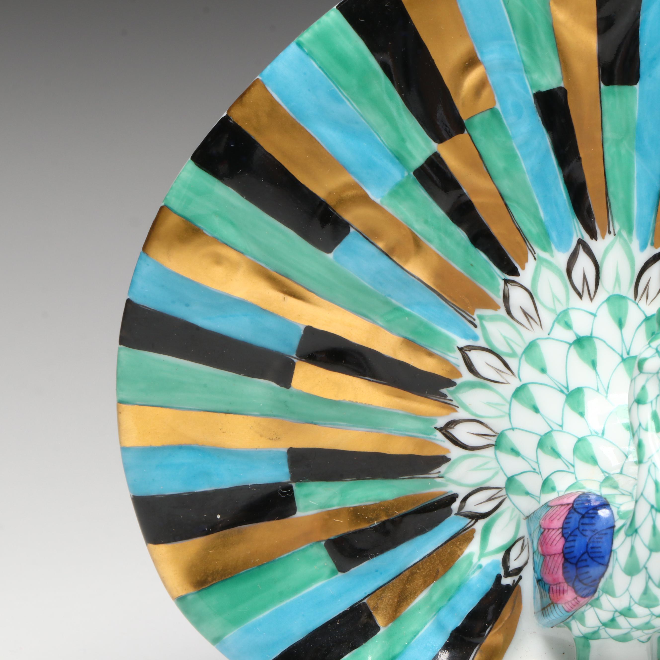 Herend Green Fishnet with Gold "Peacock" Porcelain Figurine