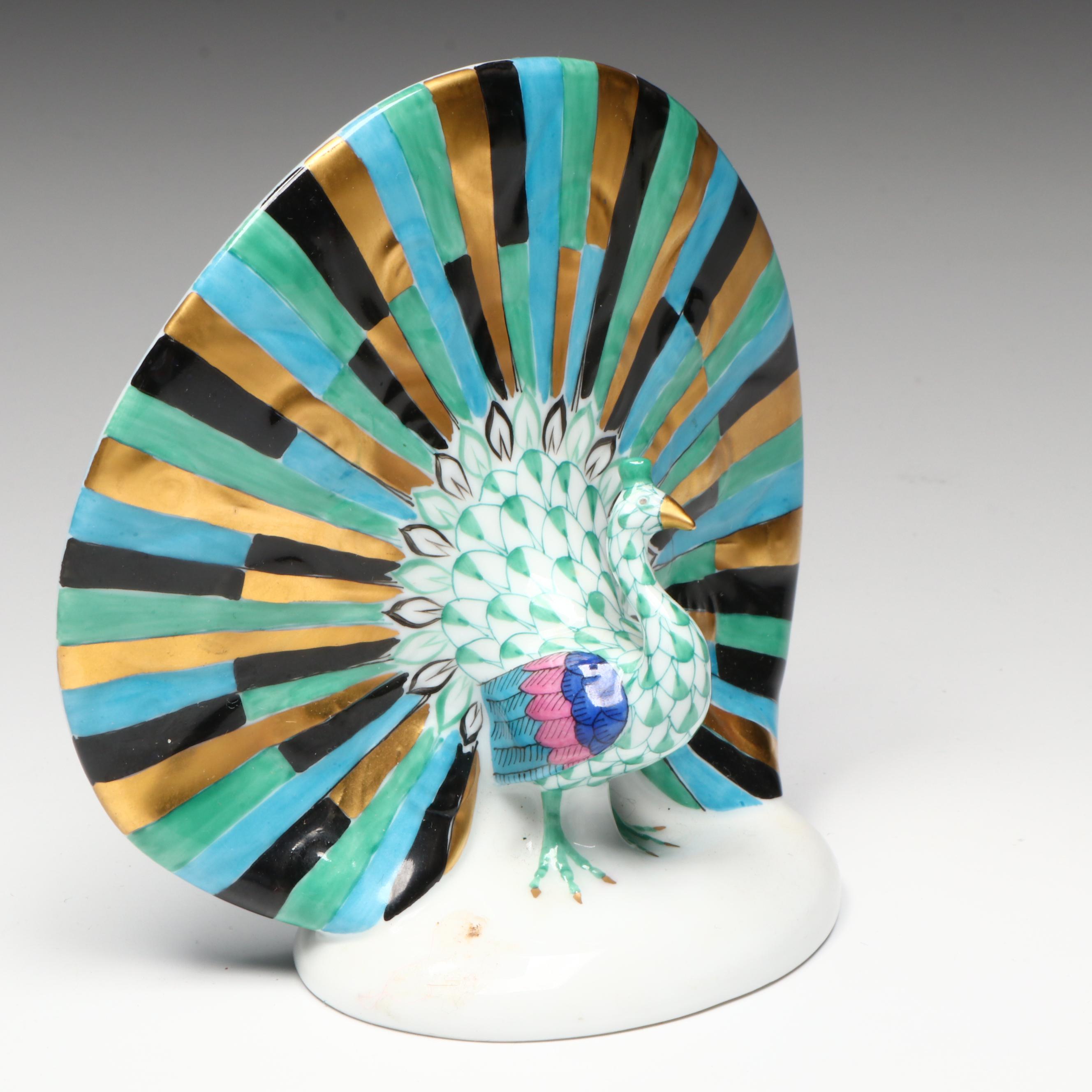 Herend Green Fishnet with Gold "Peacock" Porcelain Figurine