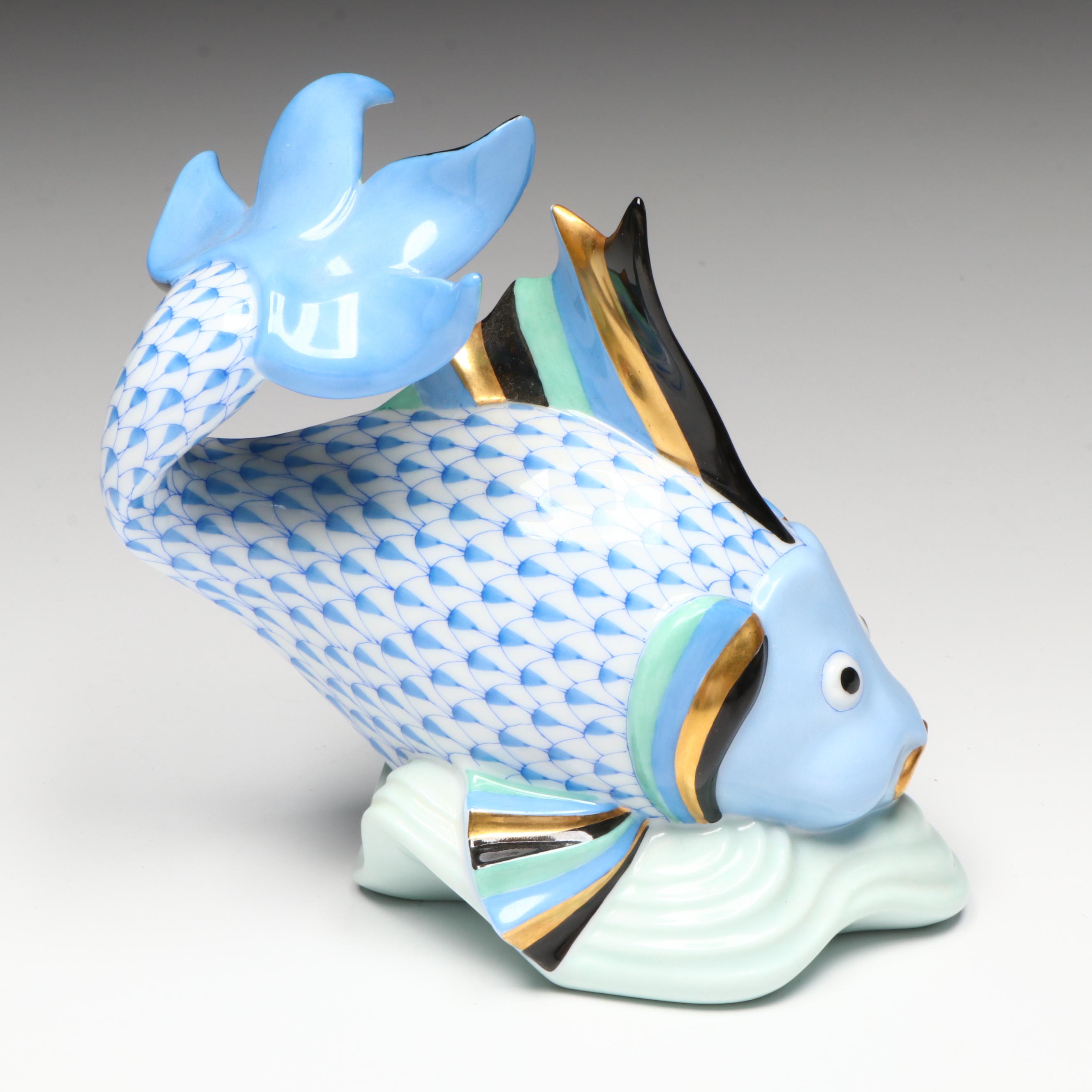 Herend Blush Fishnet with Gold "Koi Fish" Porcelain Figurine