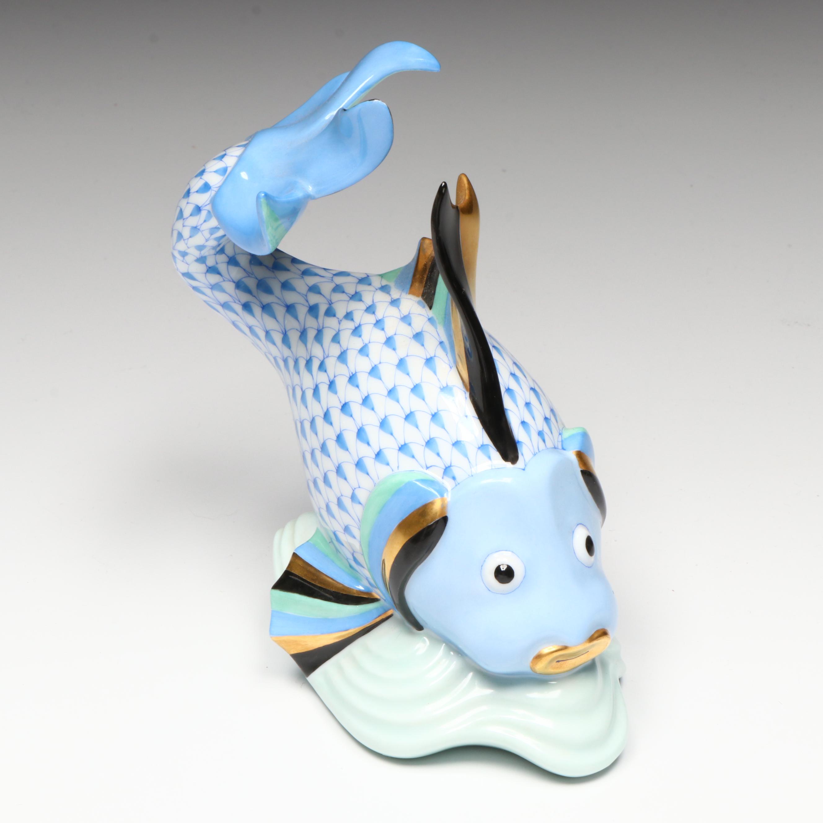 Herend Blush Fishnet with Gold "Koi Fish" Porcelain Figurine