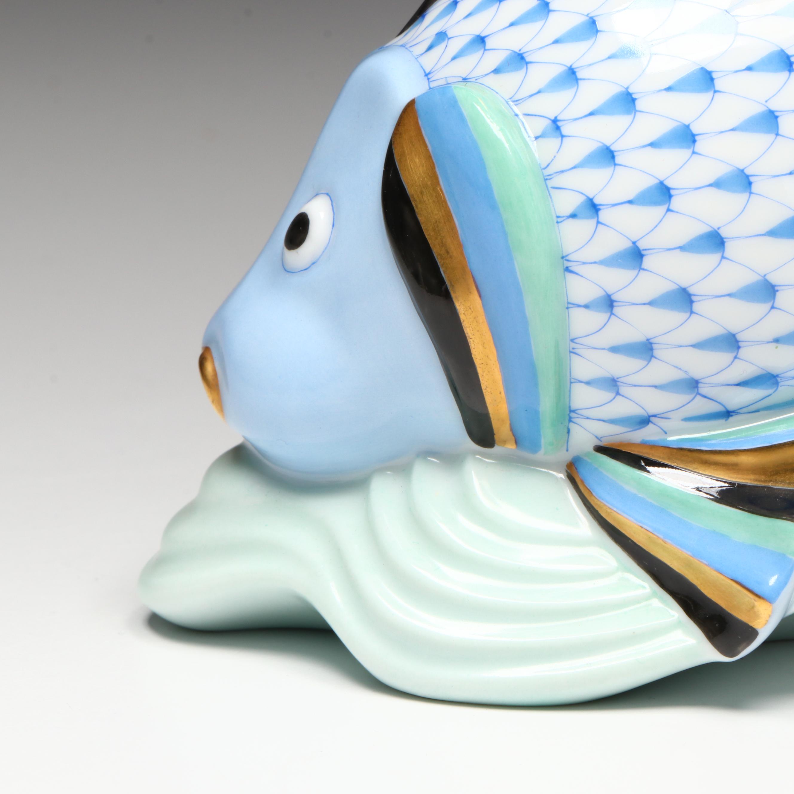 Herend Blush Fishnet with Gold "Koi Fish" Porcelain Figurine