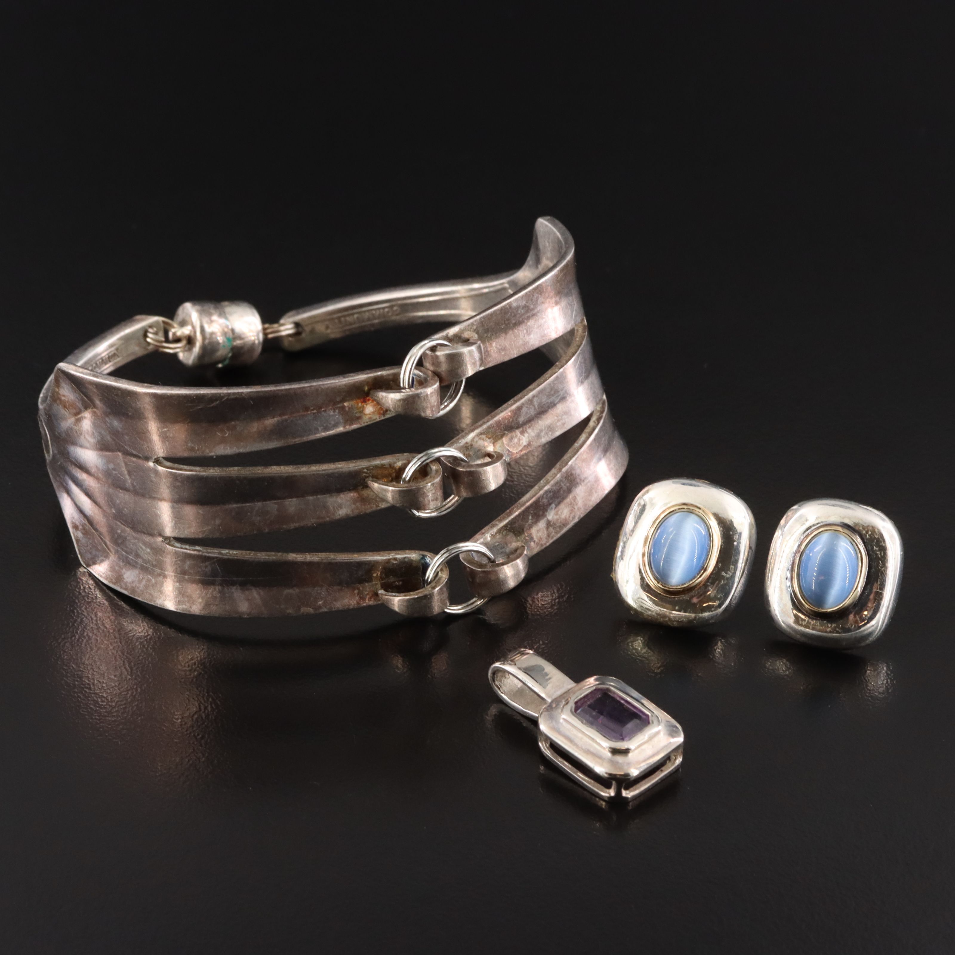 Fork Bracelet, Amethyst Pendant and Cat's Eye Glass Earrings