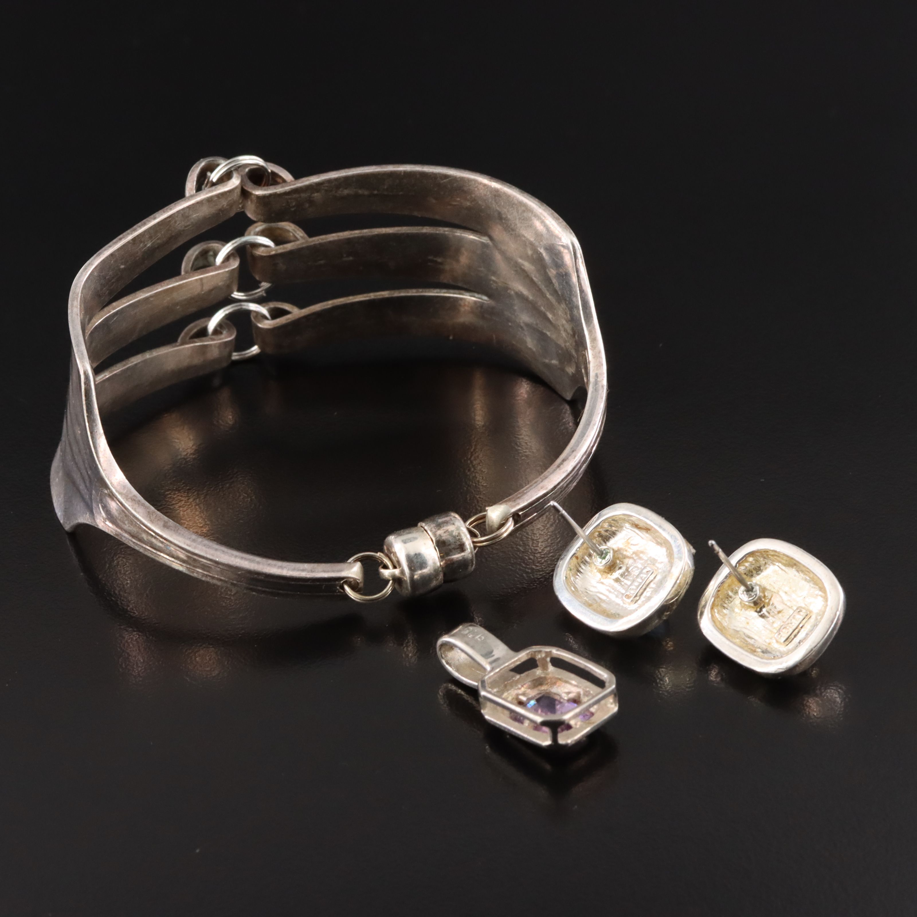 Fork Bracelet, Amethyst Pendant and Cat's Eye Glass Earrings