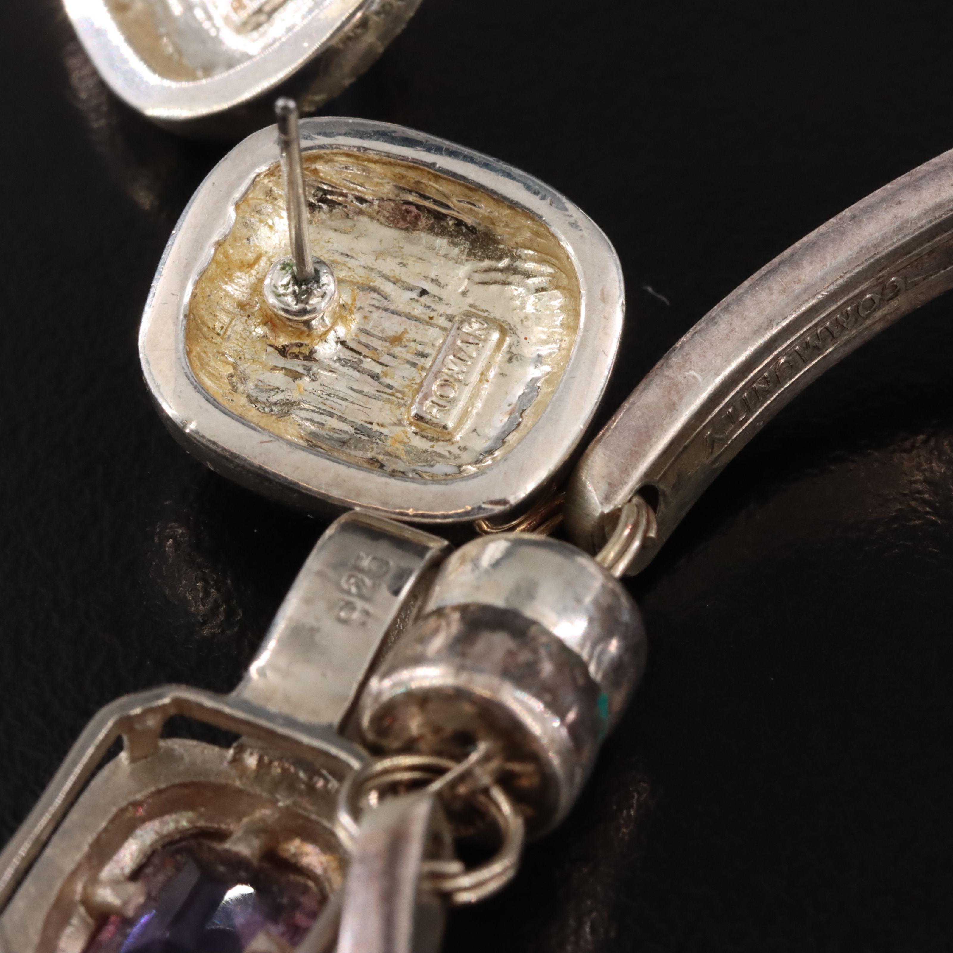 Fork Bracelet, Amethyst Pendant and Cat's Eye Glass Earrings