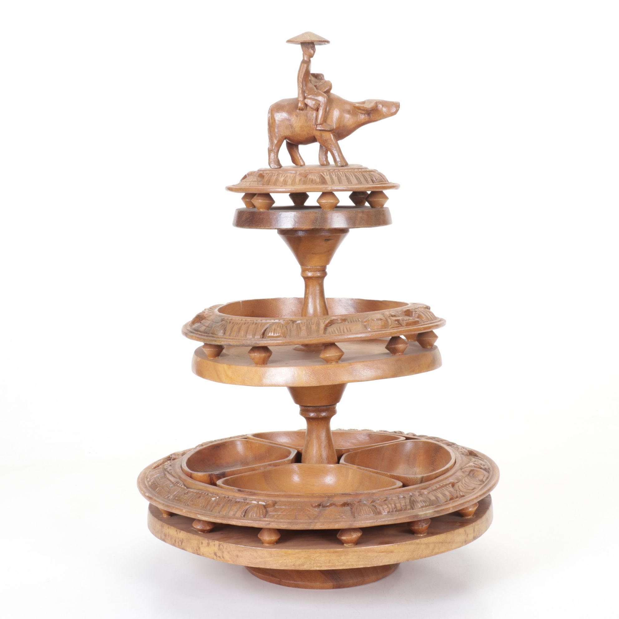 Mid Century Modern Carved Monkey Pod Three-Tier Lazy Susan