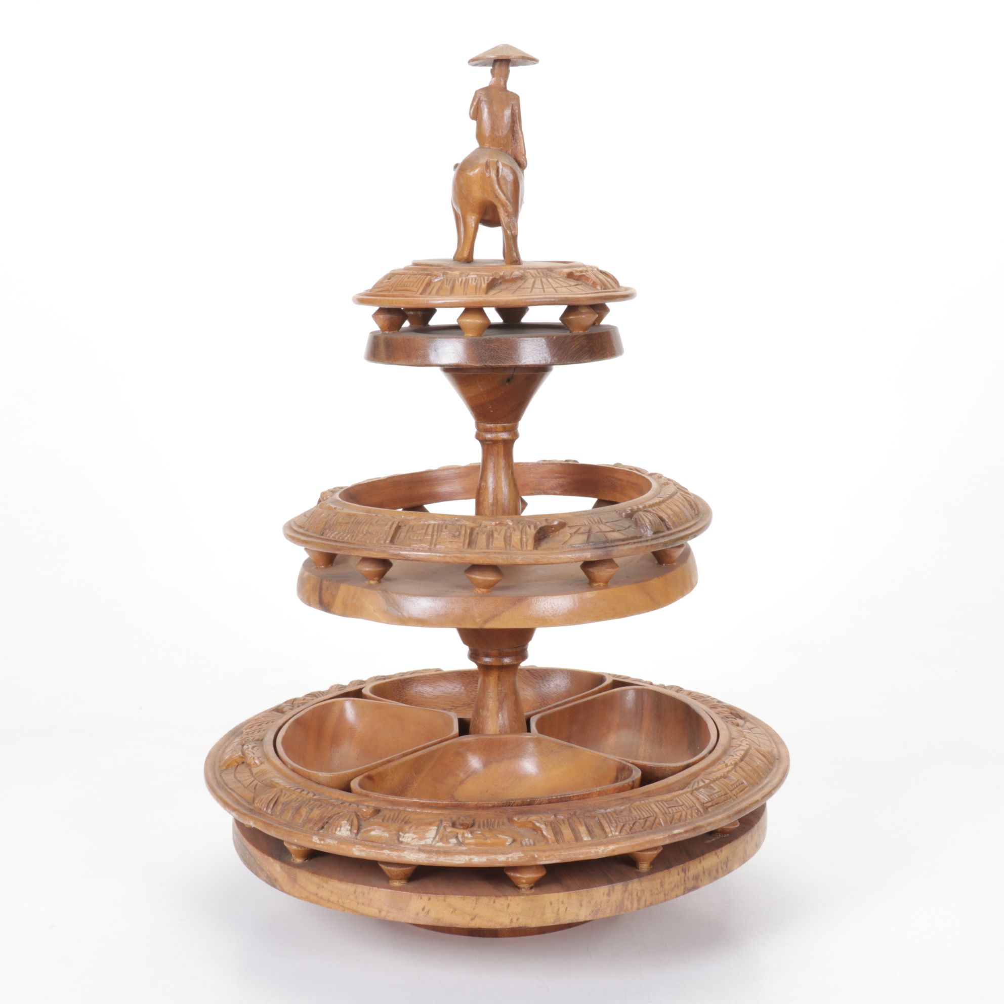 Mid Century Modern Carved Monkey Pod Three-Tier Lazy Susan