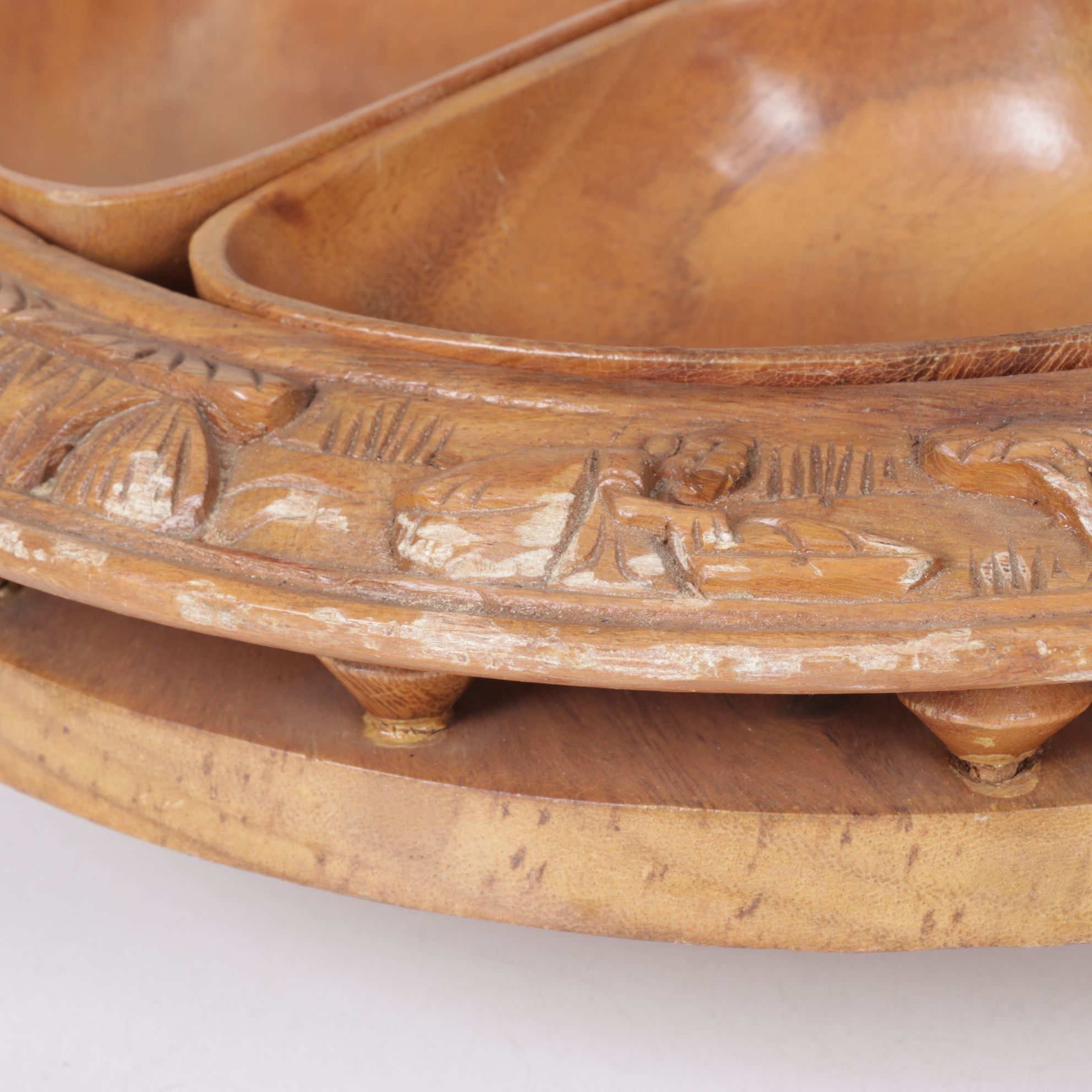 Mid Century Modern Carved Monkey Pod Three-Tier Lazy Susan
