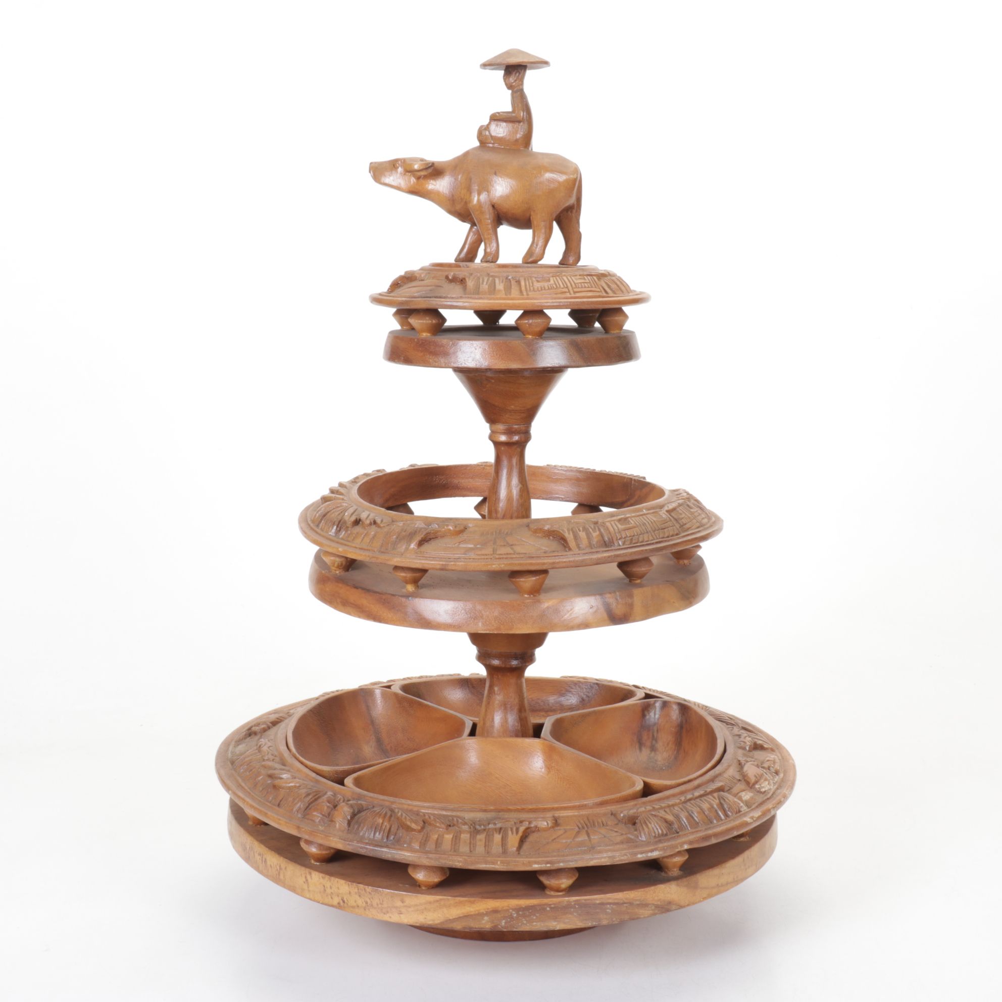 Mid Century Modern Carved Monkey Pod Three-Tier Lazy Susan