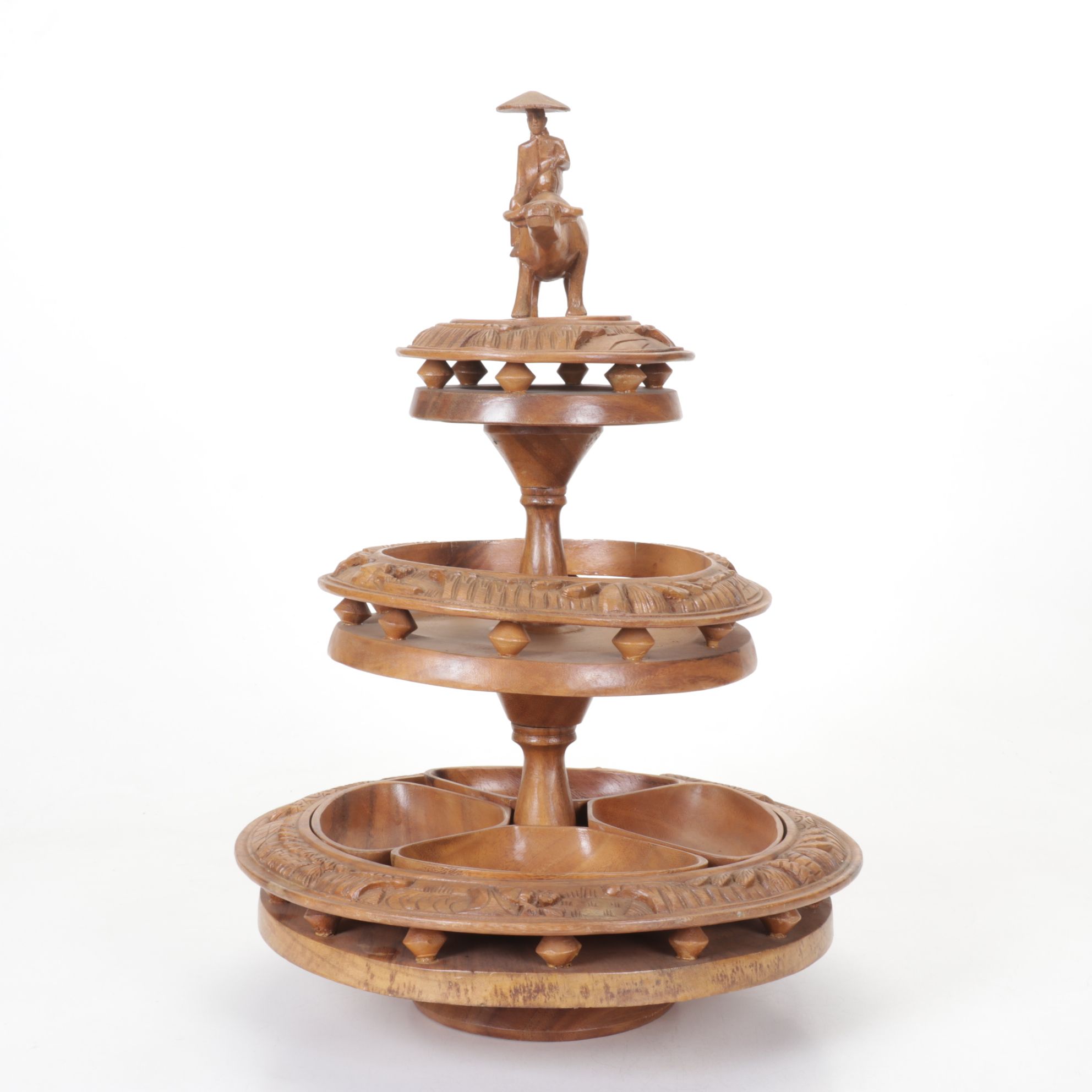 Mid Century Modern Carved Monkey Pod Three-Tier Lazy Susan