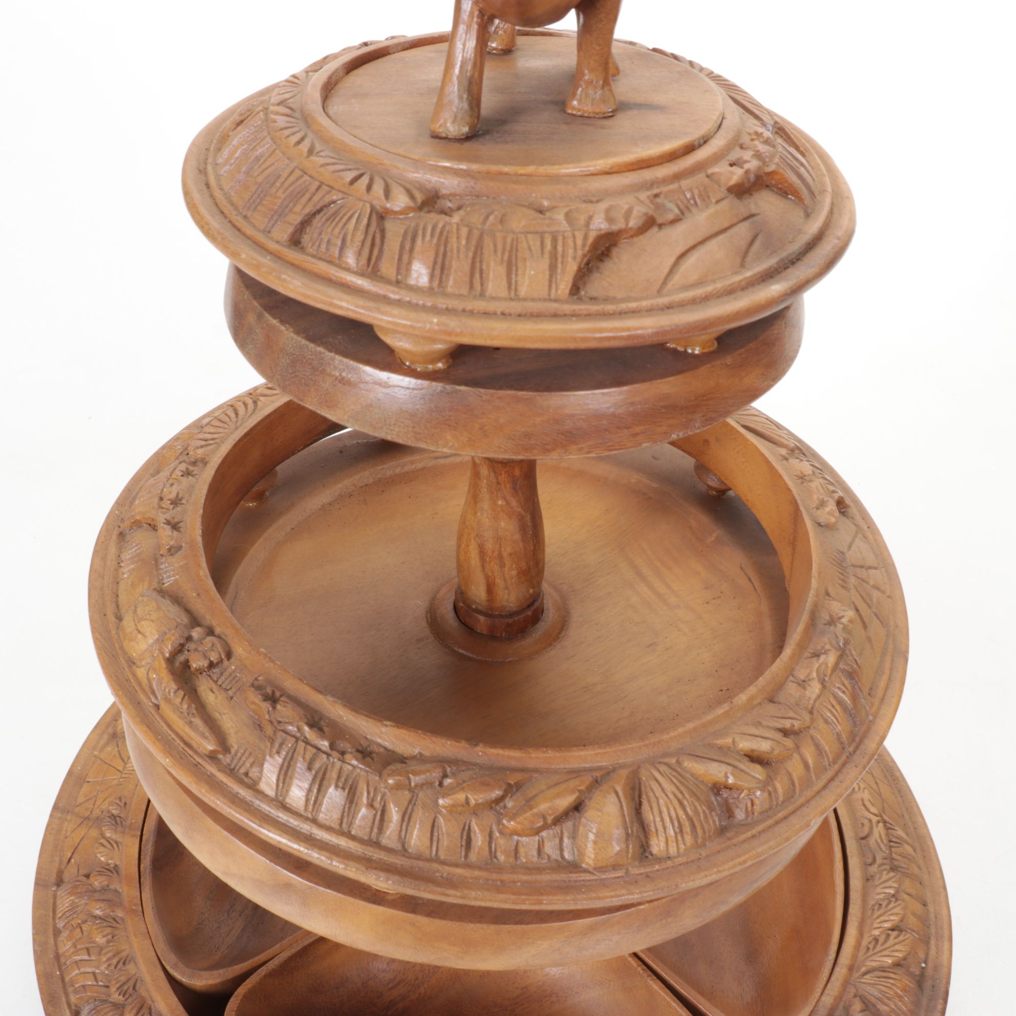 Mid Century Modern Carved Monkey Pod Three-Tier Lazy Susan