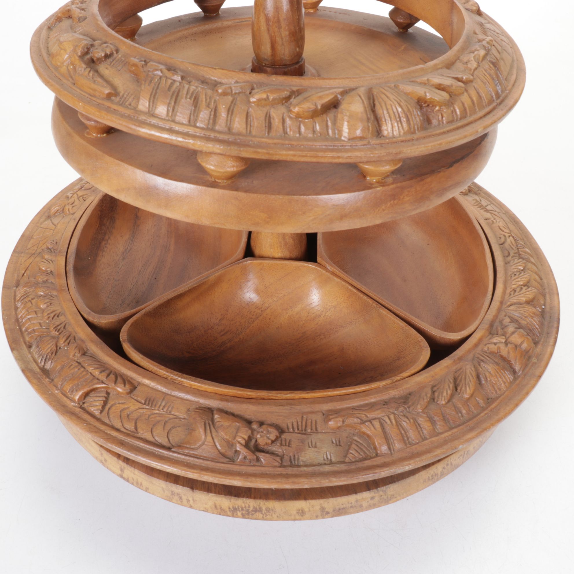 Mid Century Modern Carved Monkey Pod Three-Tier Lazy Susan
